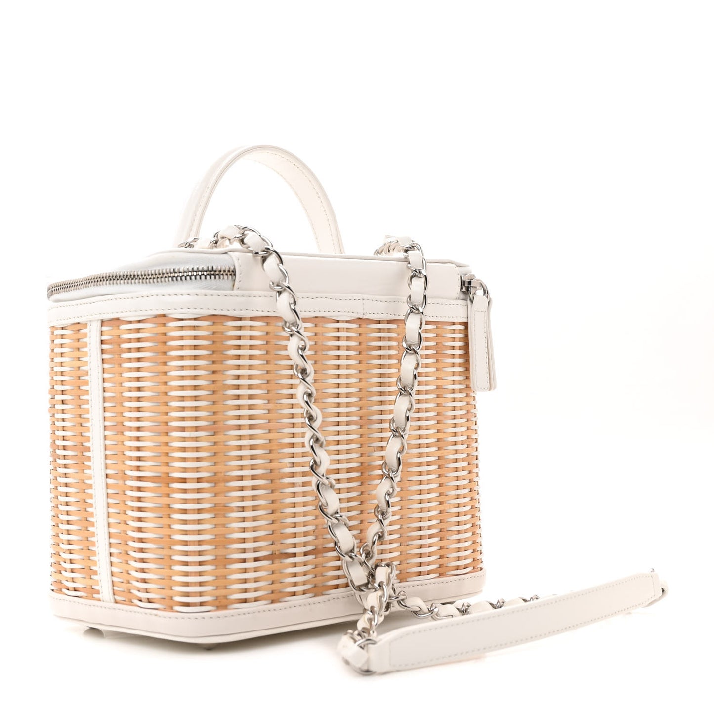 Glazed Calfskin Raffia Vanity Case Bag White Beige