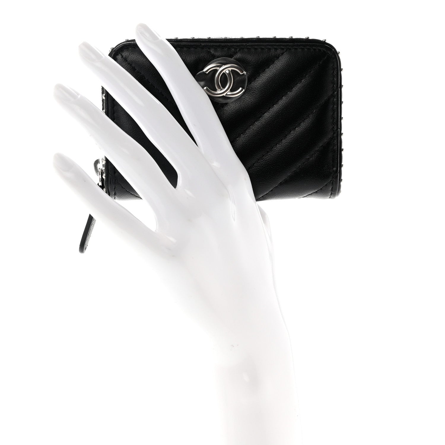 Chanel Lambskin Chevron Quilted Studded Zip Around Coin Purse Black 2 of 8