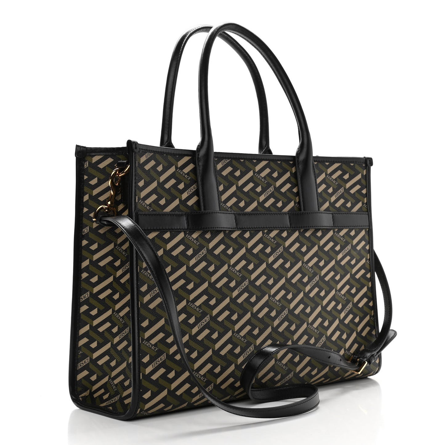 Coated Canvas Calfskin La Greca Signature Tote Bag Black Khaki