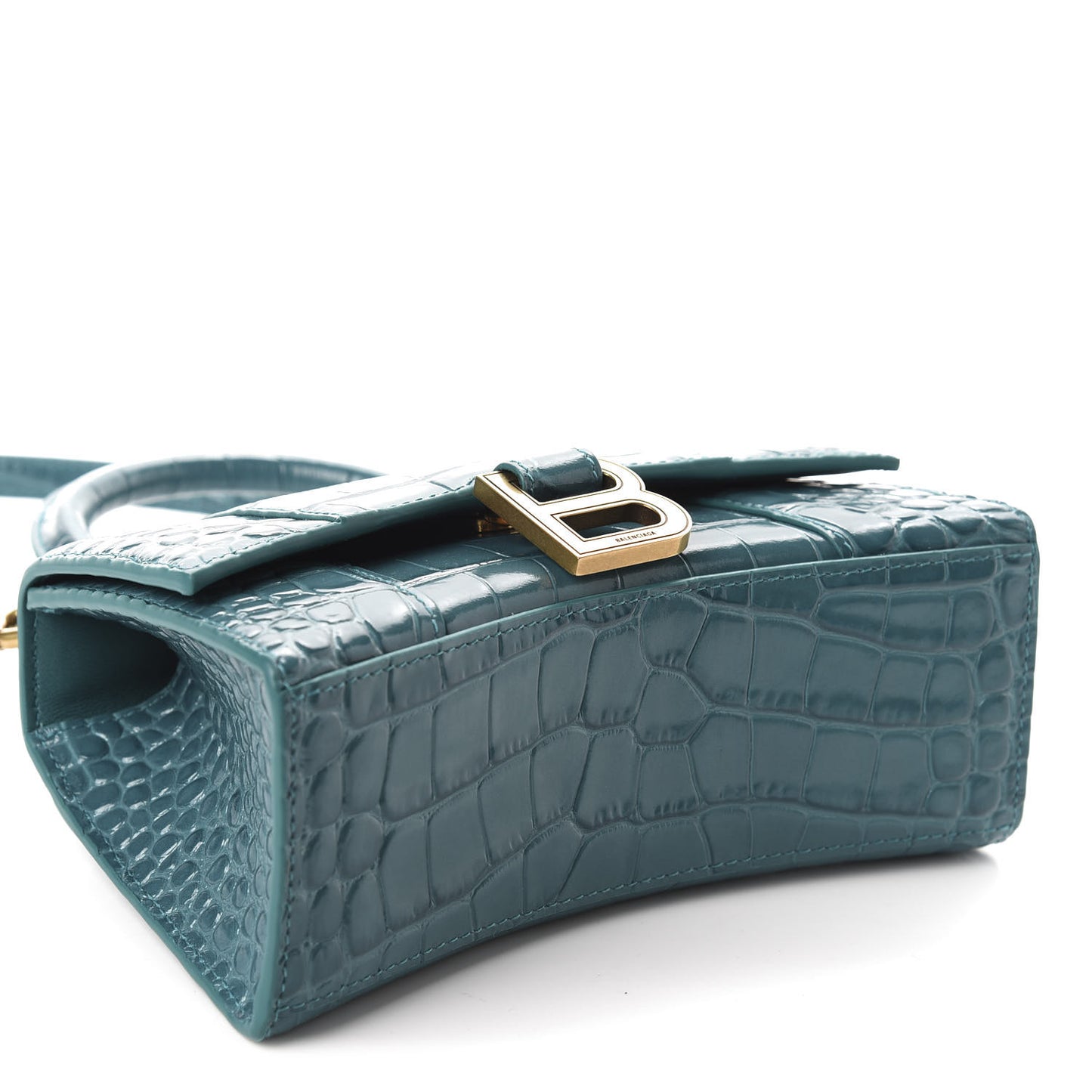 Shiny Calfskin Crocodile Embossed Hourglass Top Handle Bag XS Dark Turquoise