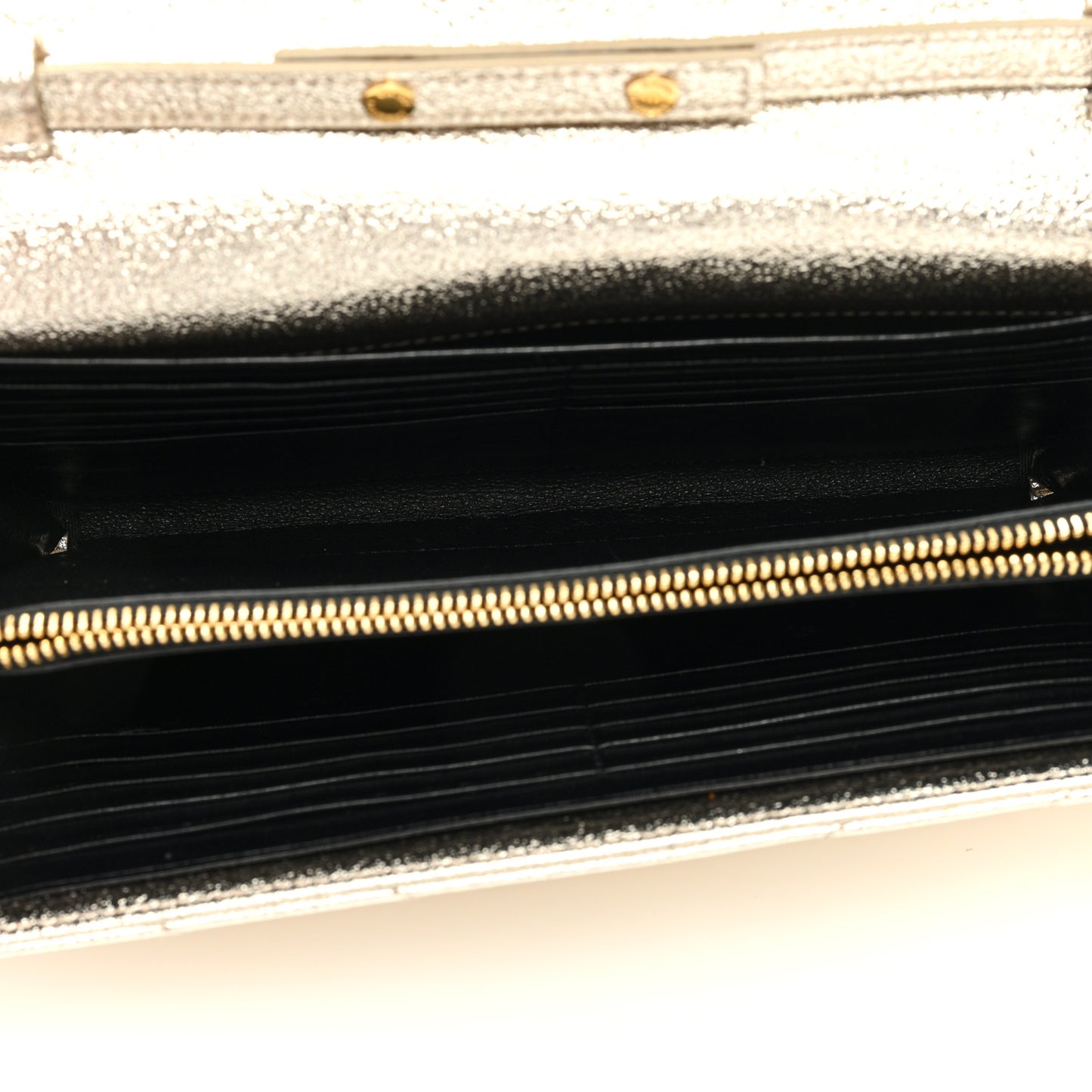 Metallic Crackled Calfskin Matelasse Chevron Monogram Chain Wallet Gold