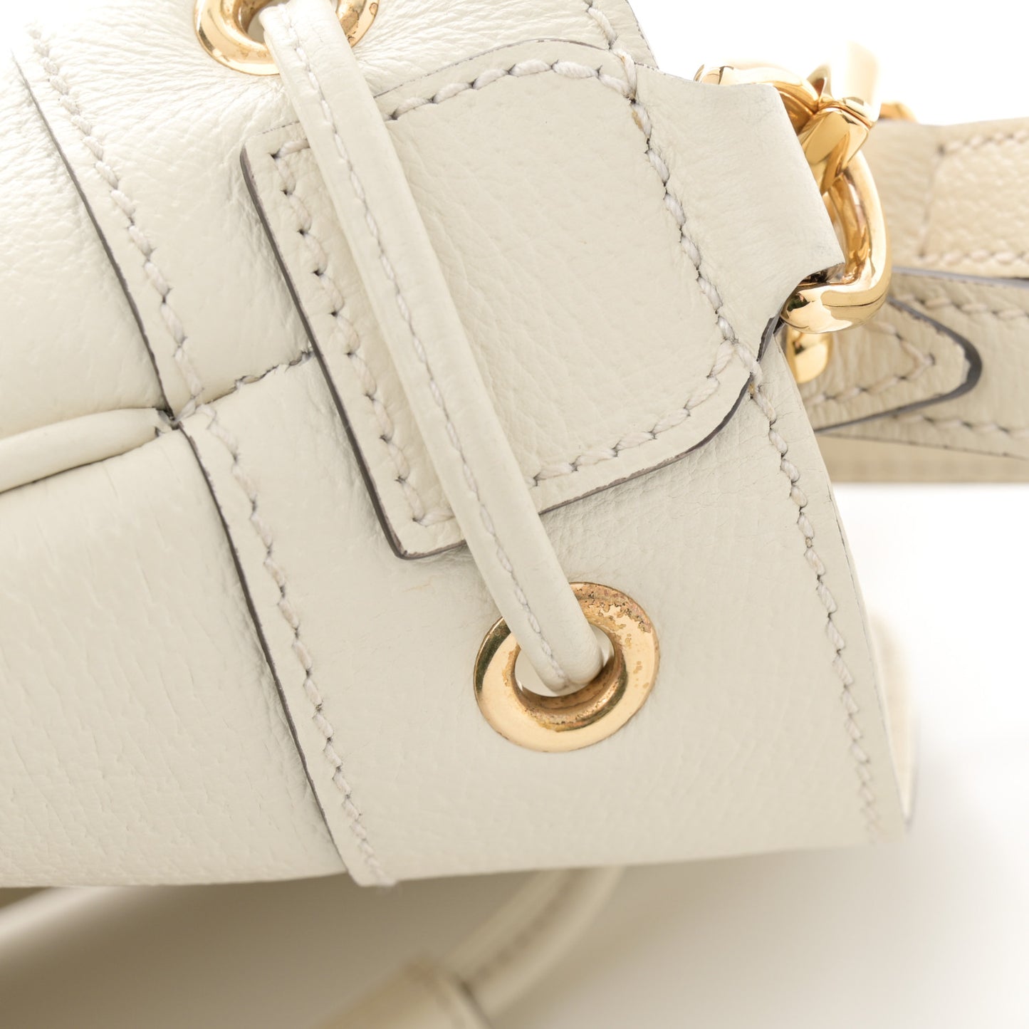 Glazed Textured Calfskin Web Small Ophidia Bucket Bag Mystic White