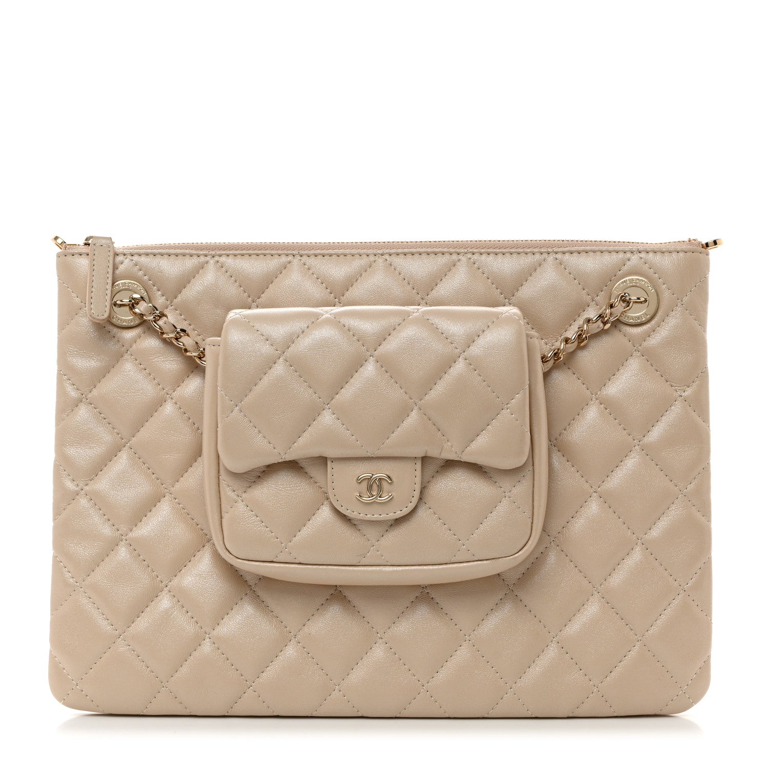 Chanel Iridescent Lambskin Quilted Pouch With Flap Beige 1437364
