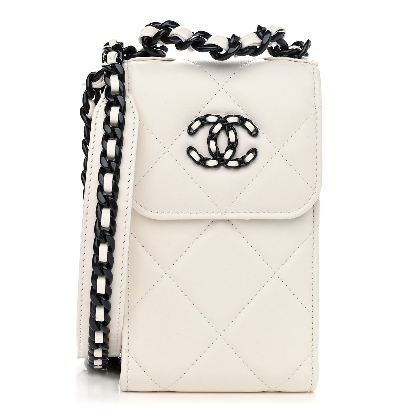Lambskin Quilted Chanel 19 Phone Holder With Chain White