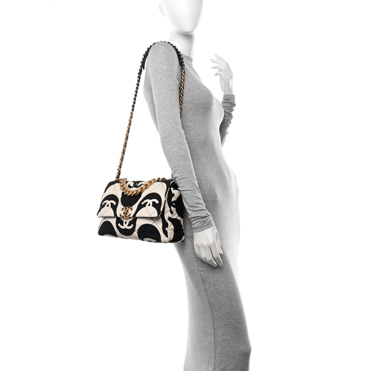 Fabric Printed Large Chanel 19 Flap Black Ecru