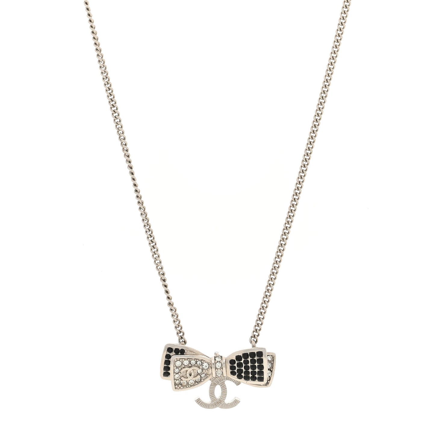 Crystal CC Bow Necklace Silver Black