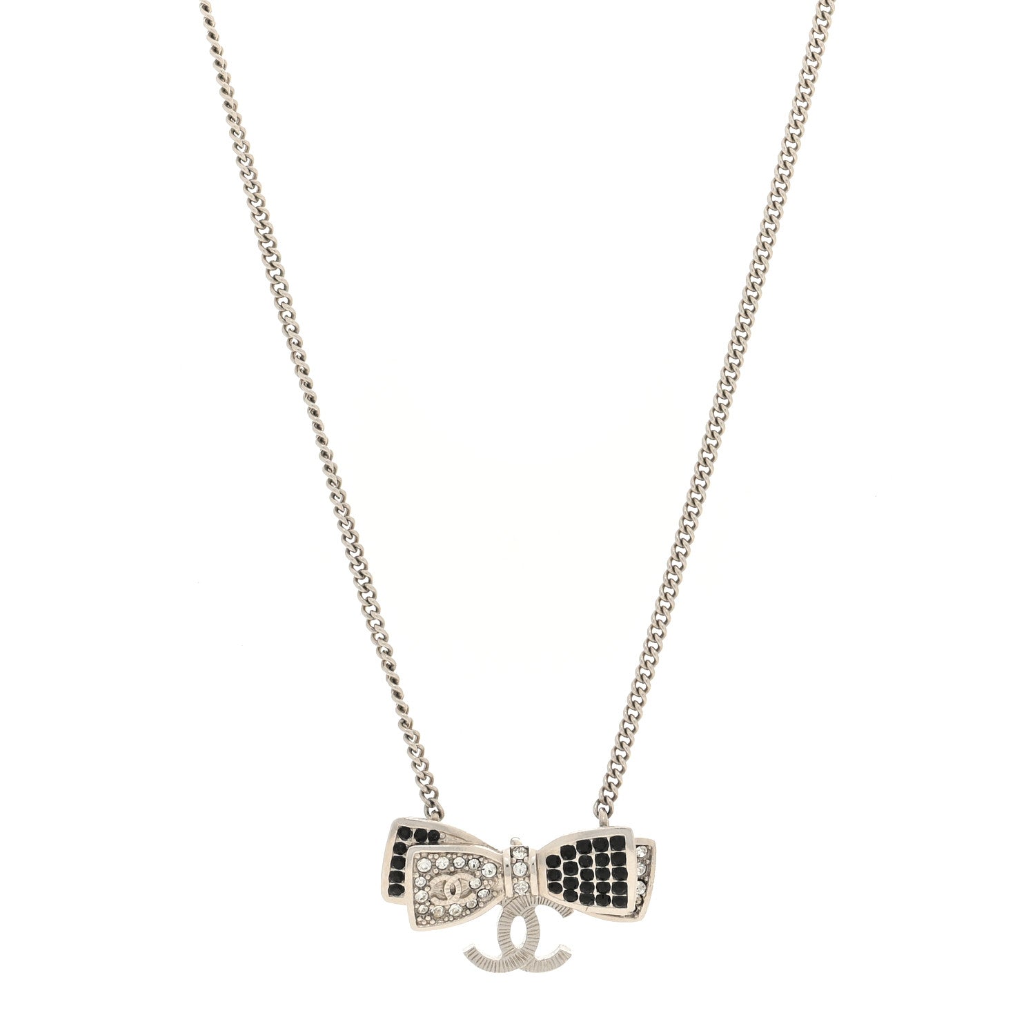 Chanel Crystal CC Bow Necklace Silver Black 1 of 4