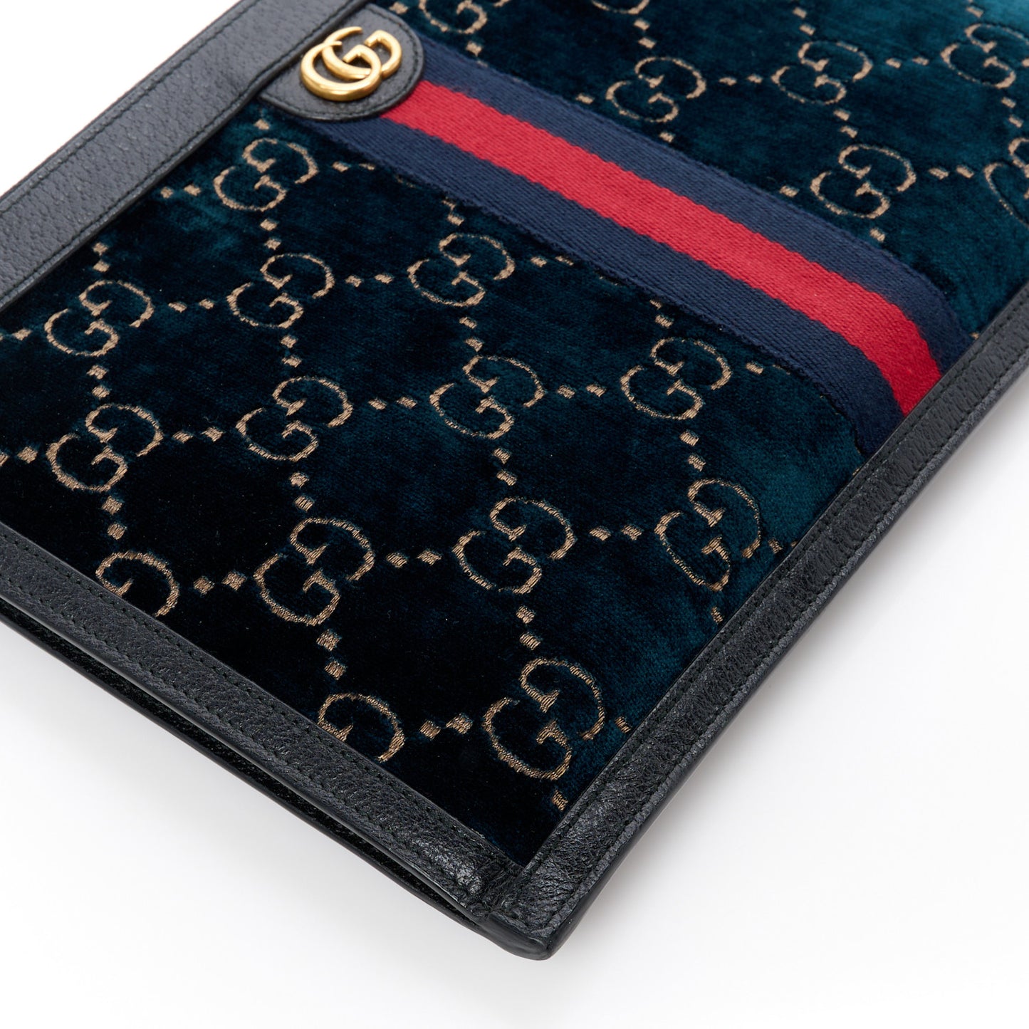 Velvet GG Monogram Textured Calfskin Web Ophidia Wristlet Blue Beige Black