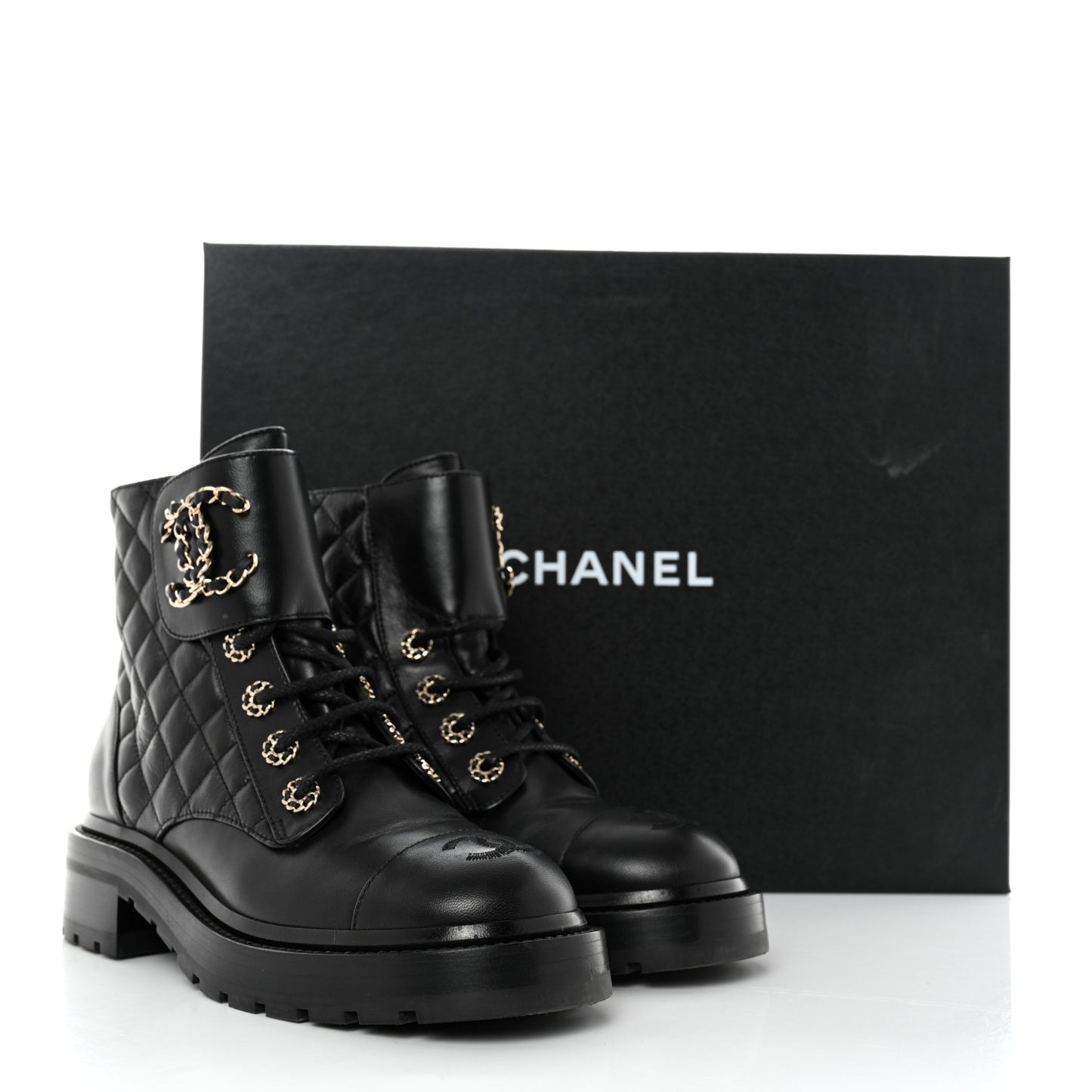 Shiny Calfskin Quilted Lace Up Combat Boots 36.5 Black