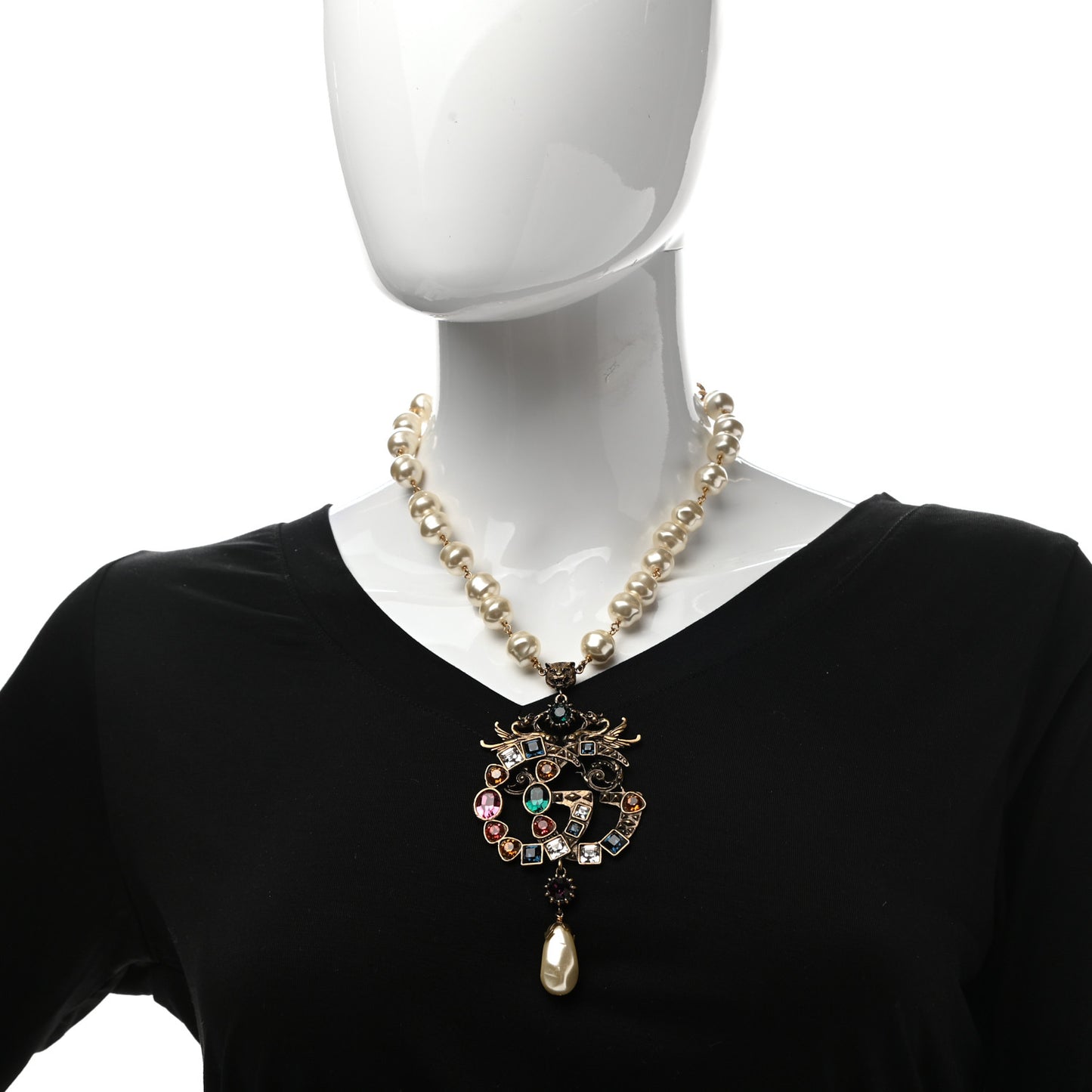 Crystal Pearl Marmont Dragon Necklace Aged Gold Multicolor