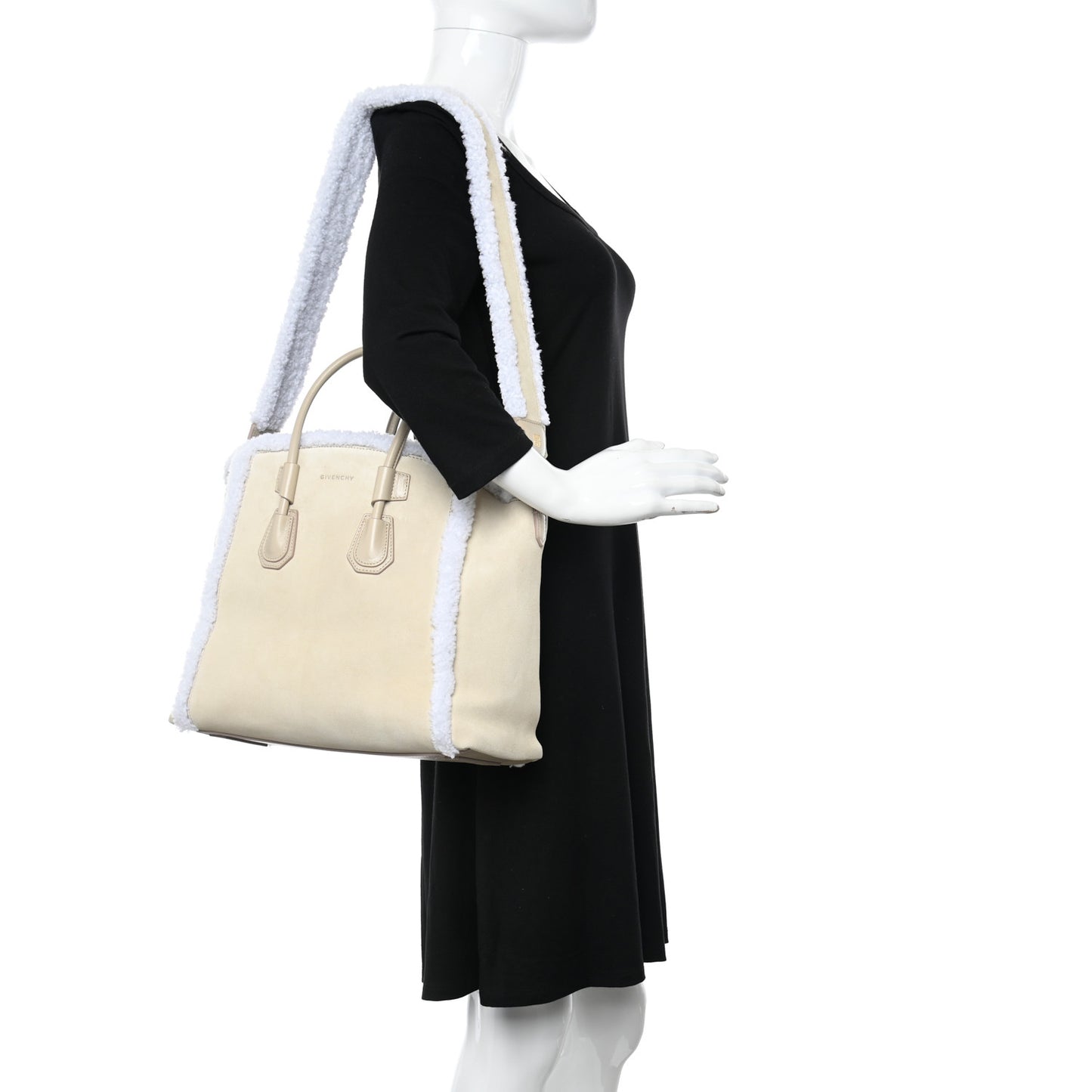 Suede Shearling Small Antigona Natural Beige