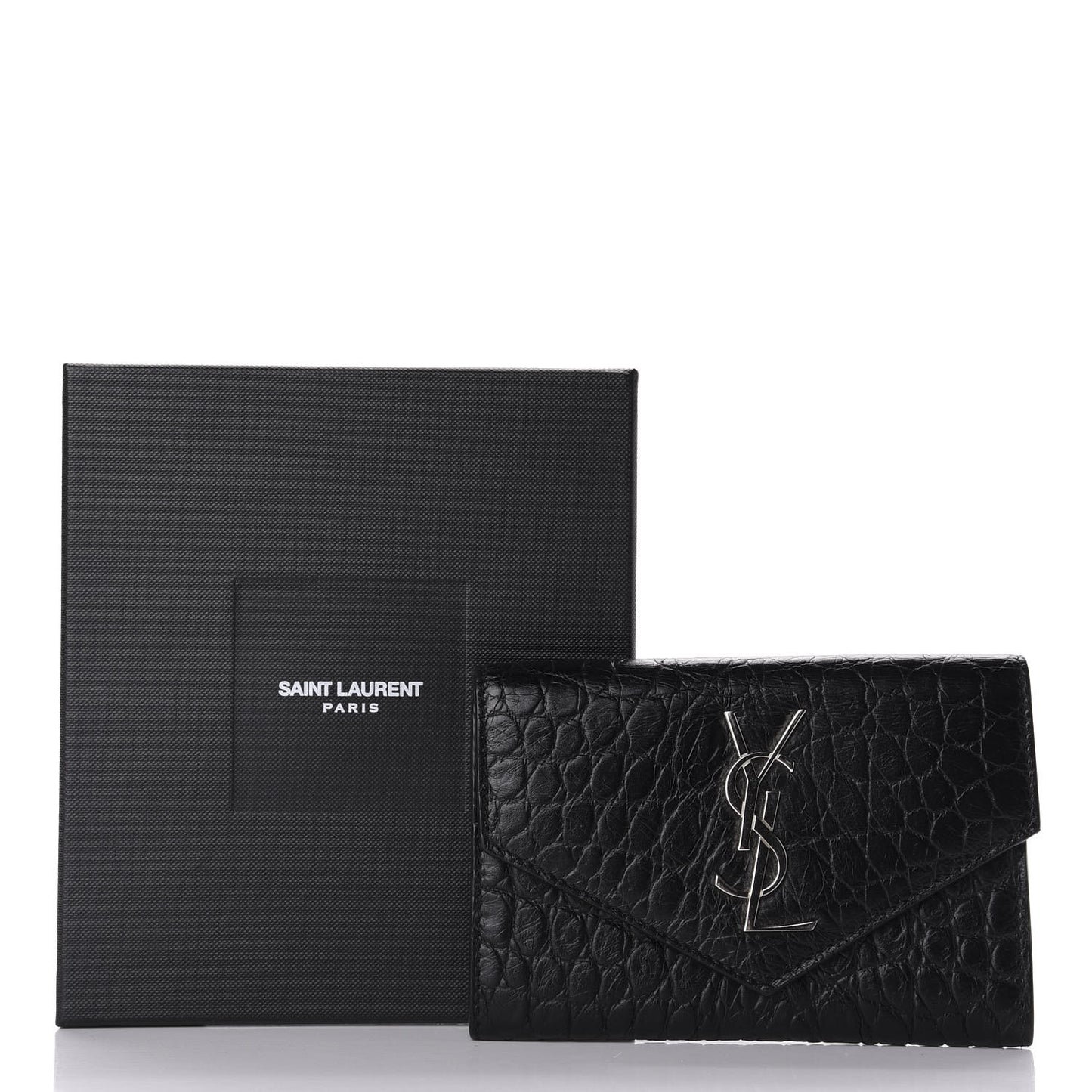 Calfskin Crocodile Embossed Small Monogram Envelope Wallet Black