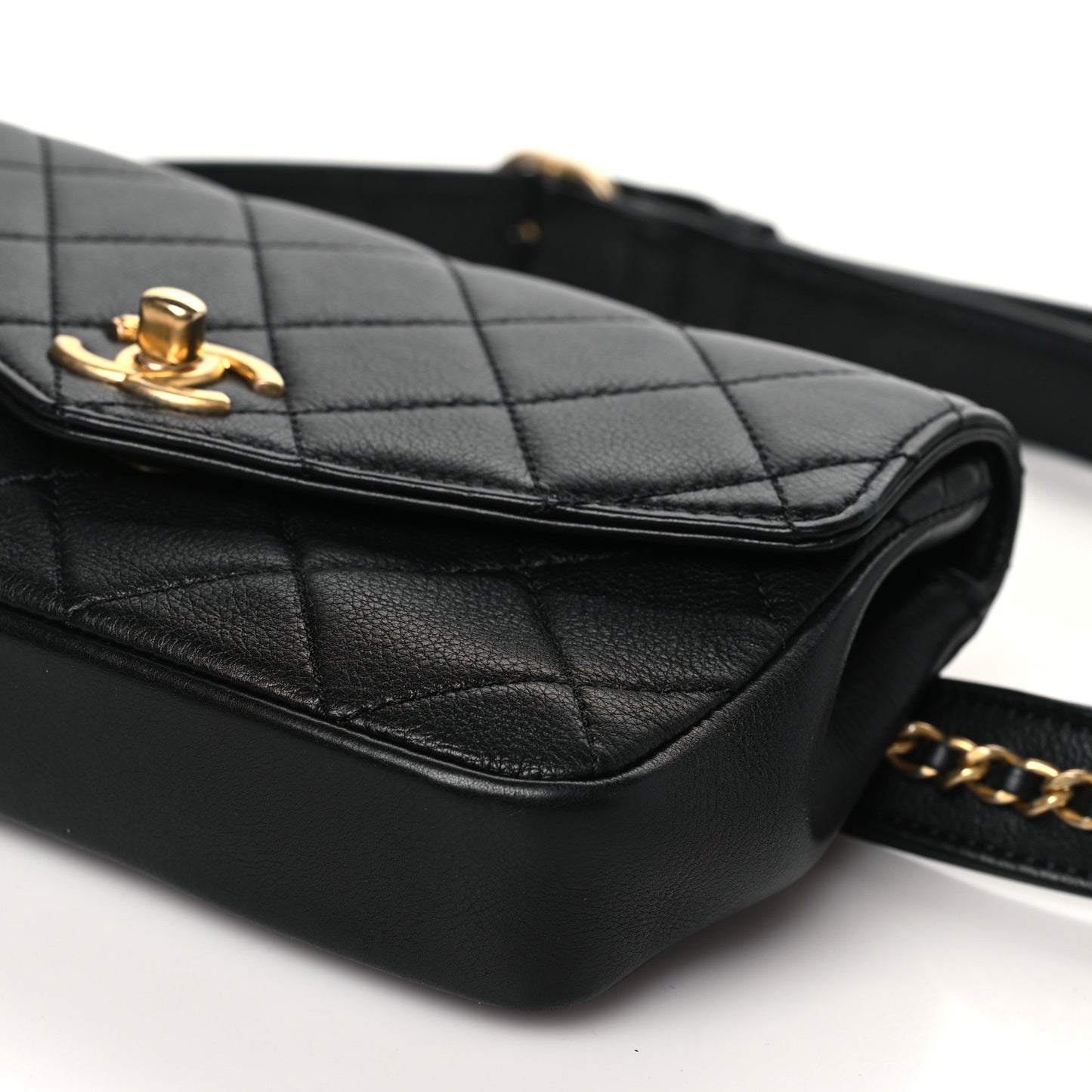 Calfskin Quilted Flap Waist Bag Black