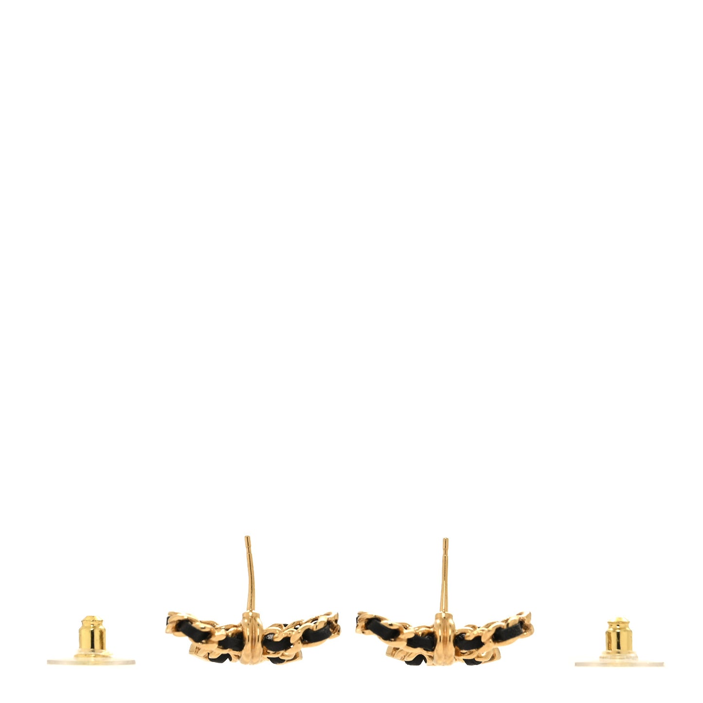 Lambskin Chain Bow Stud Earrings Black Gold