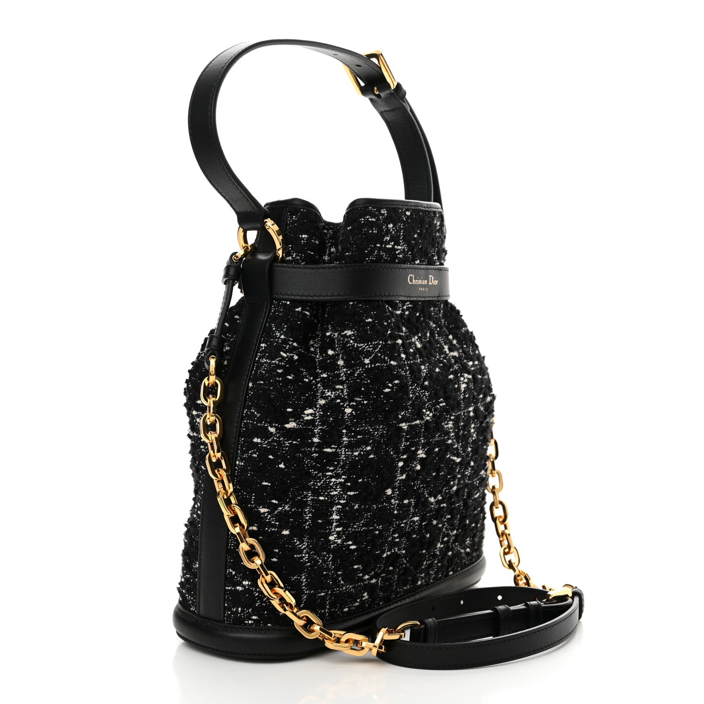 Calfskin Tweed Cannage Medium C'est Chain Bucket Bag Black White