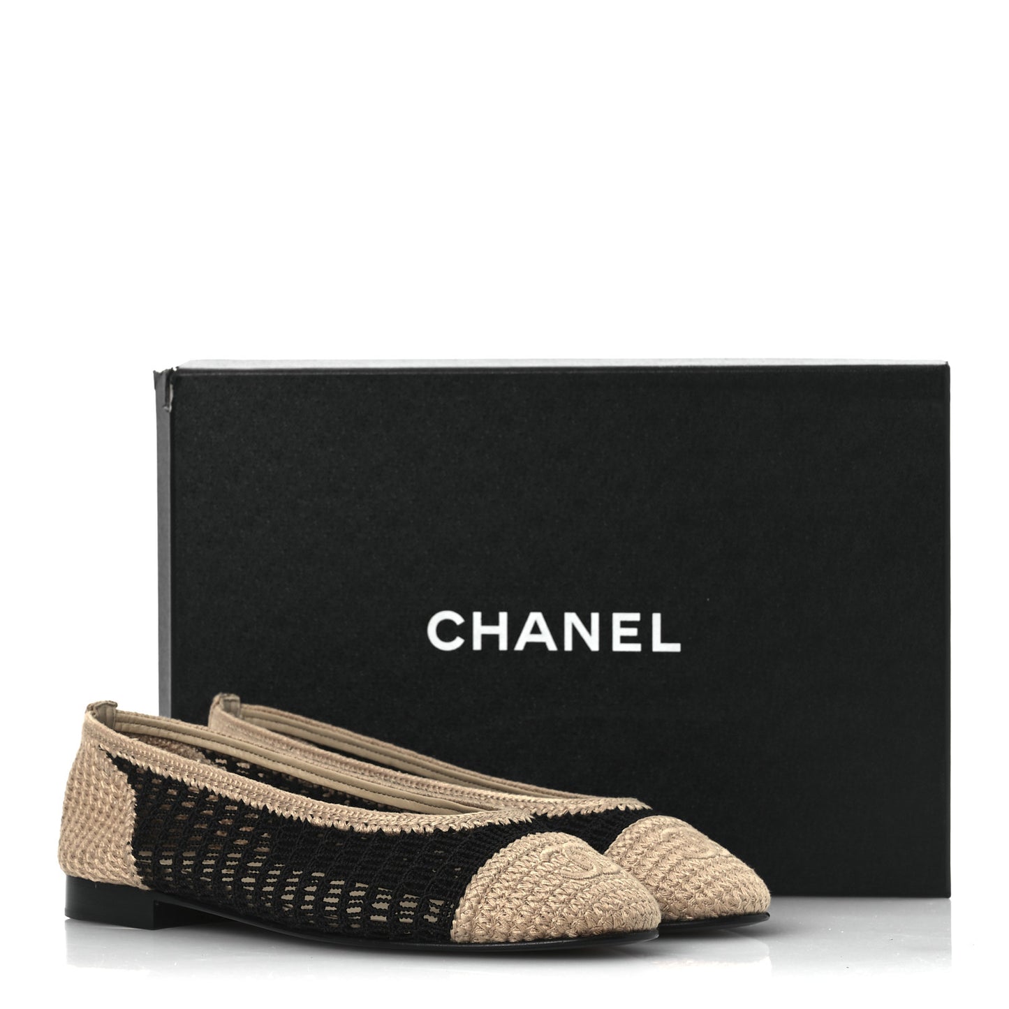 Raffia Cap Toe Ballerina Flats 38 Black Beige