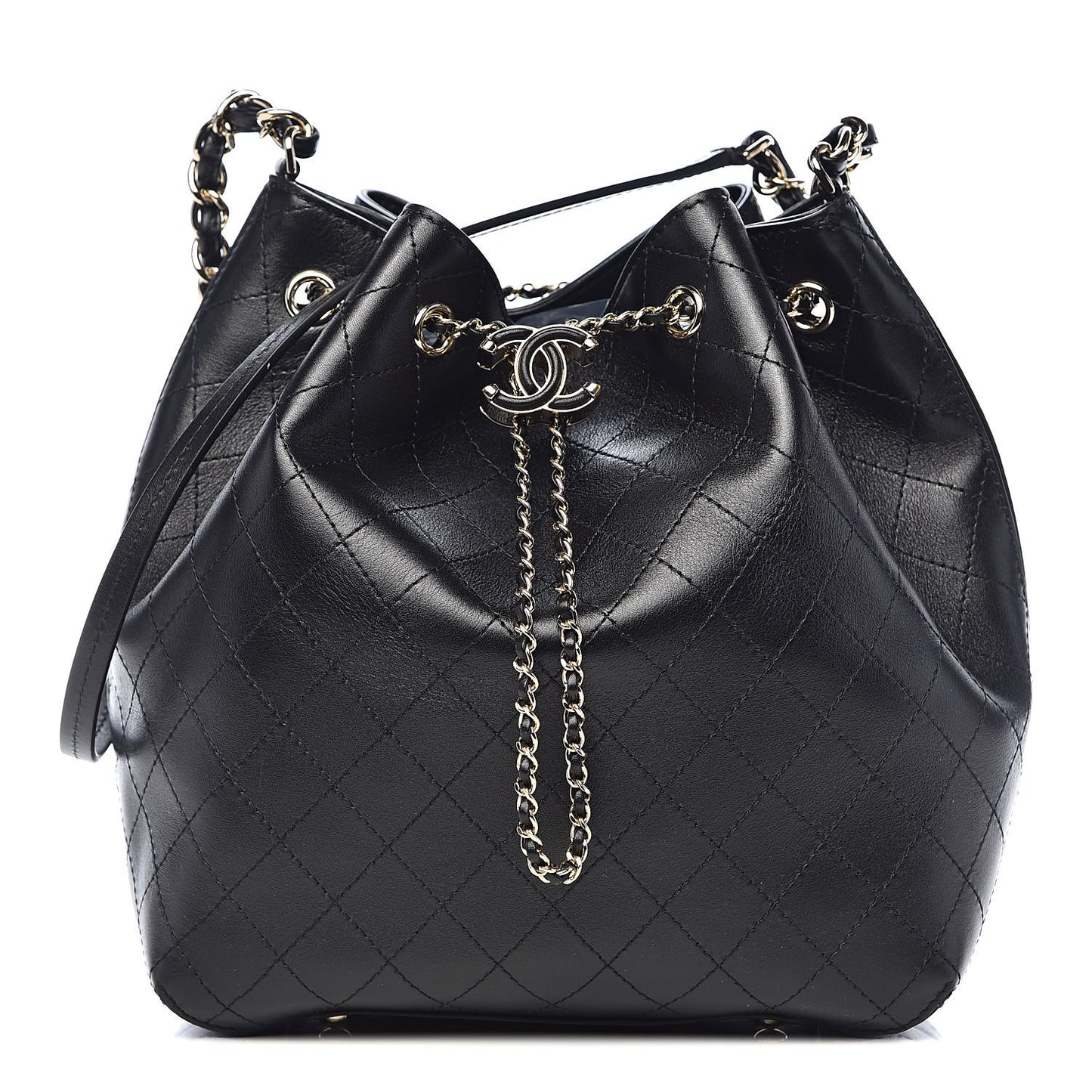 Calfskin Stitched Drawstring Bag Black