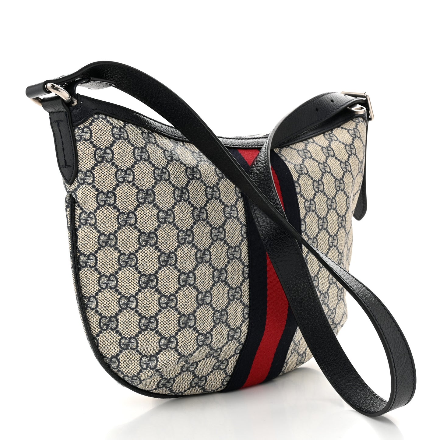 GG Supreme Monogram Textured Dollar Calfskin Web Small Ophidia Half Moon Hobo Beige Blue