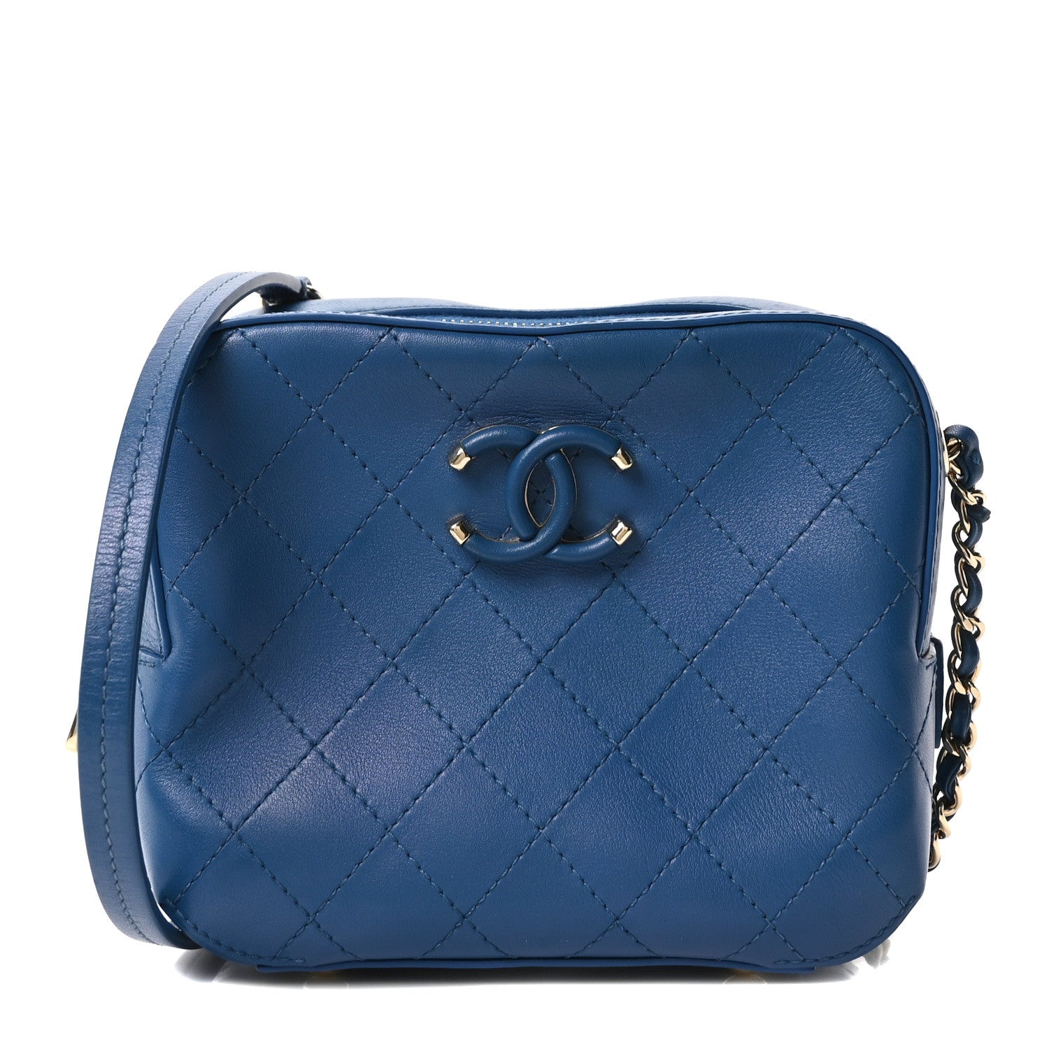 Chanel Calfskin Stitched Enamel CC Camera Case Bag Blue 1885787
