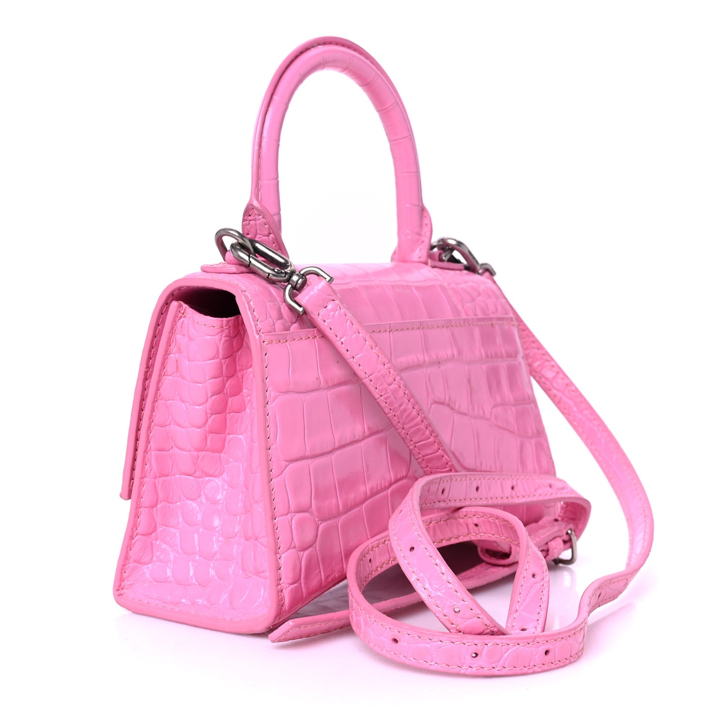 Shiny Calfskin Crocodile Embossed Hourglass Top Handle Bag XS Baby Pink
