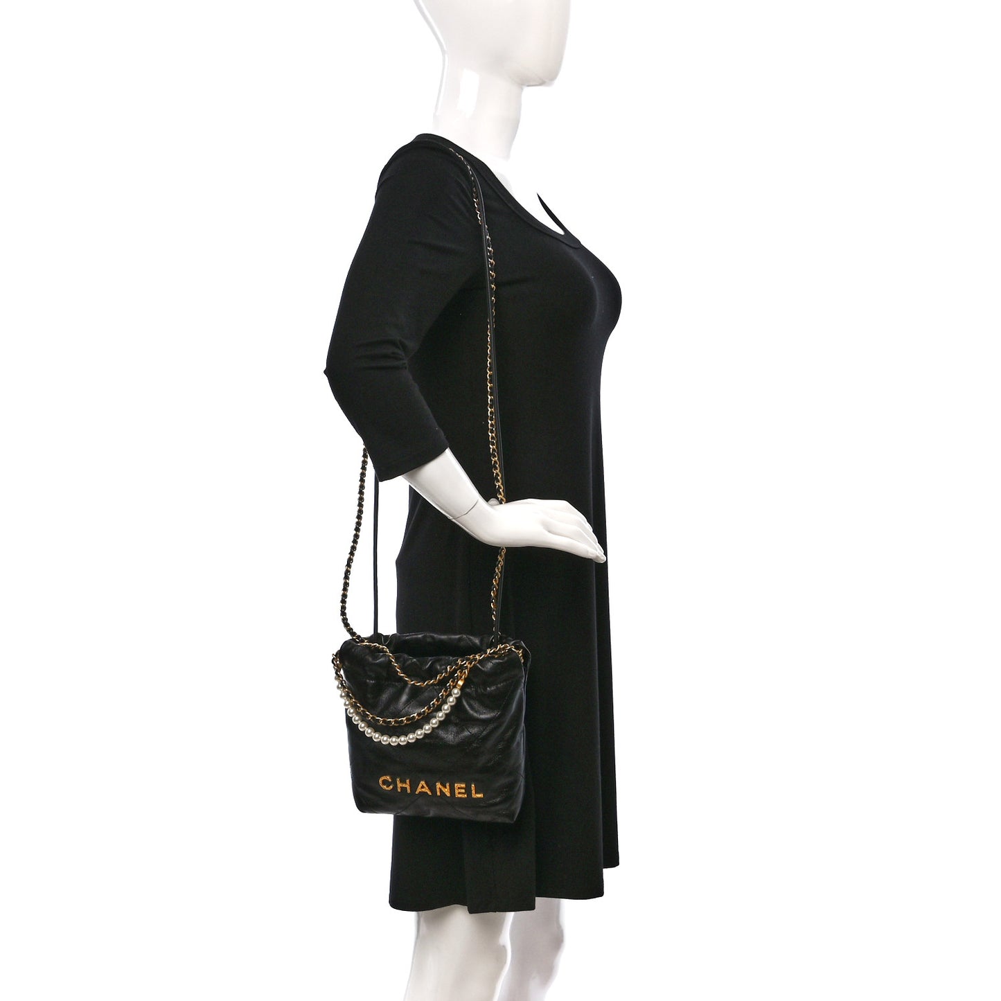 Shiny Crumpled Calfskin Quilted Pearl Mini Chanel 22 Black