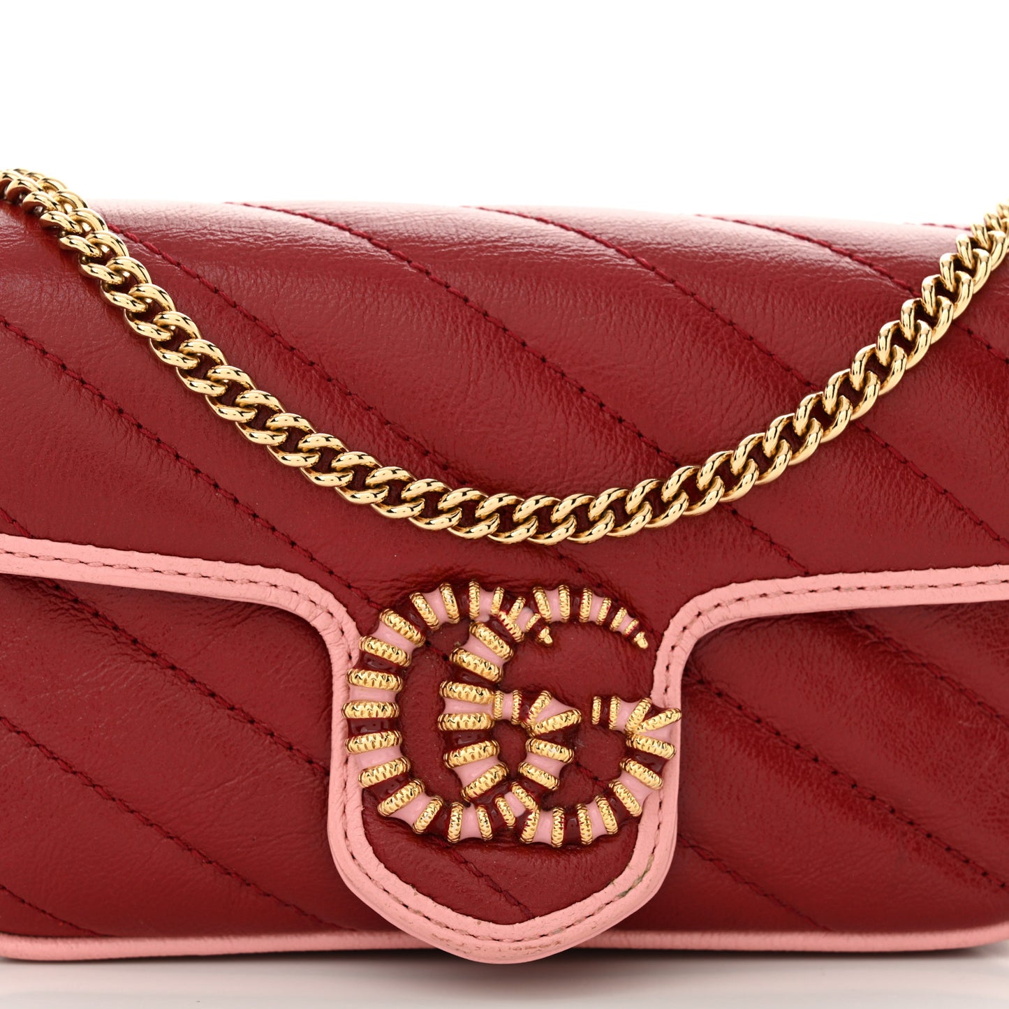 Azalea Calfskin Enamel Matelasse Diagonal Super Mini Torchon GG Marmont Shoulder Bag New Cherry Red Wild Rose