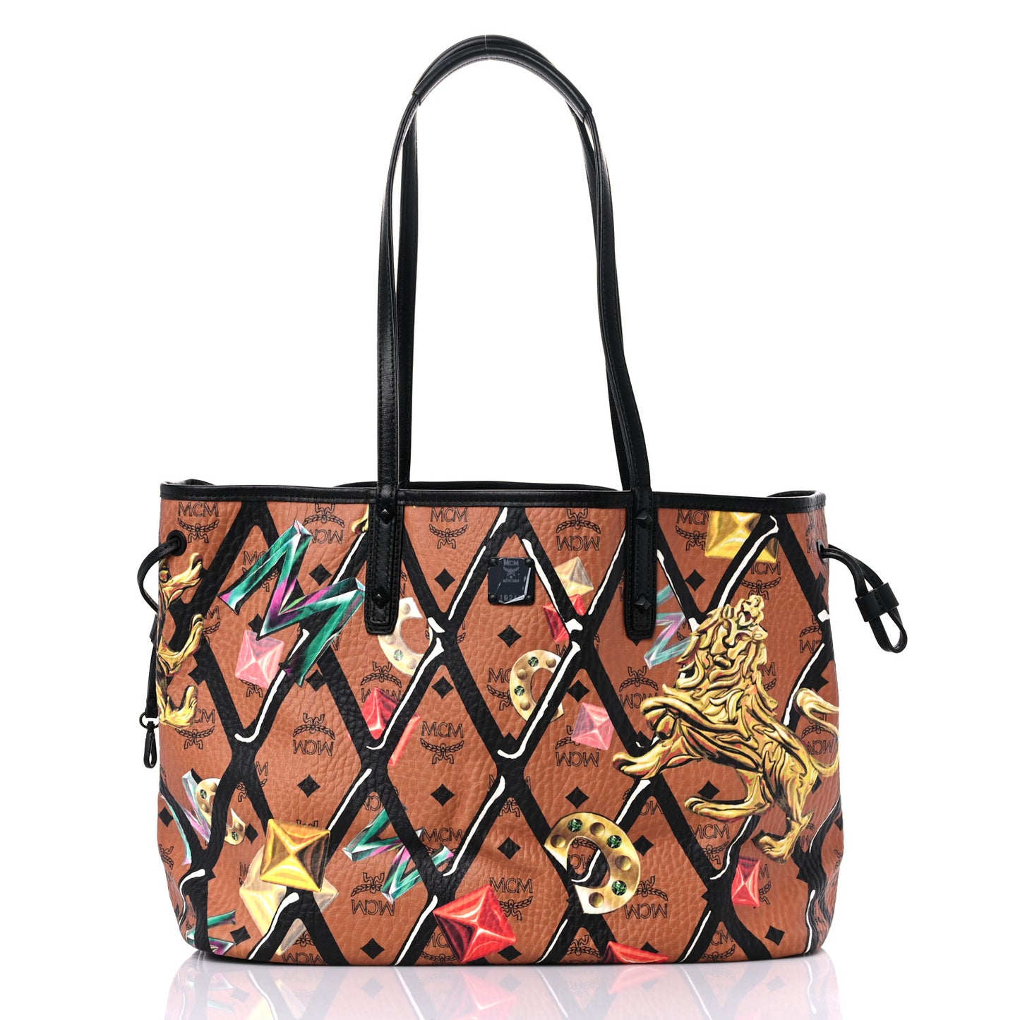 Visetos Calfskin Motif Rombi Lion Printed Reversible Shopper Tote Cognac