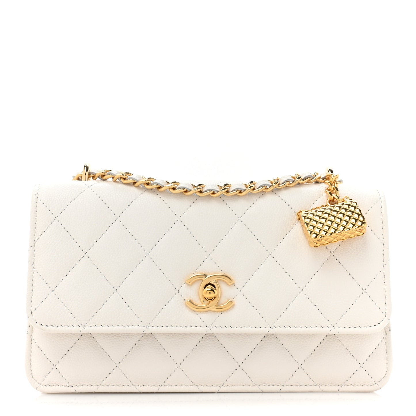 Shiny Caviar Quilted Flap Charm Wallet On Chain WOC White