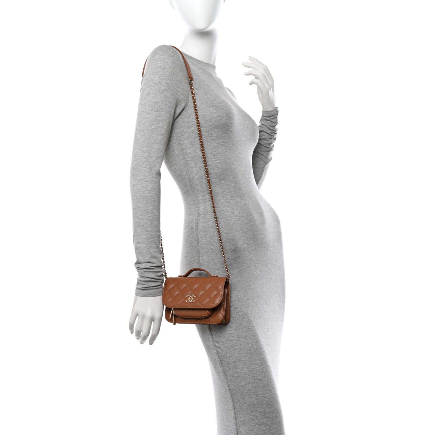Caviar Quilted Business Affinity Clutch With Chain Flap Camel