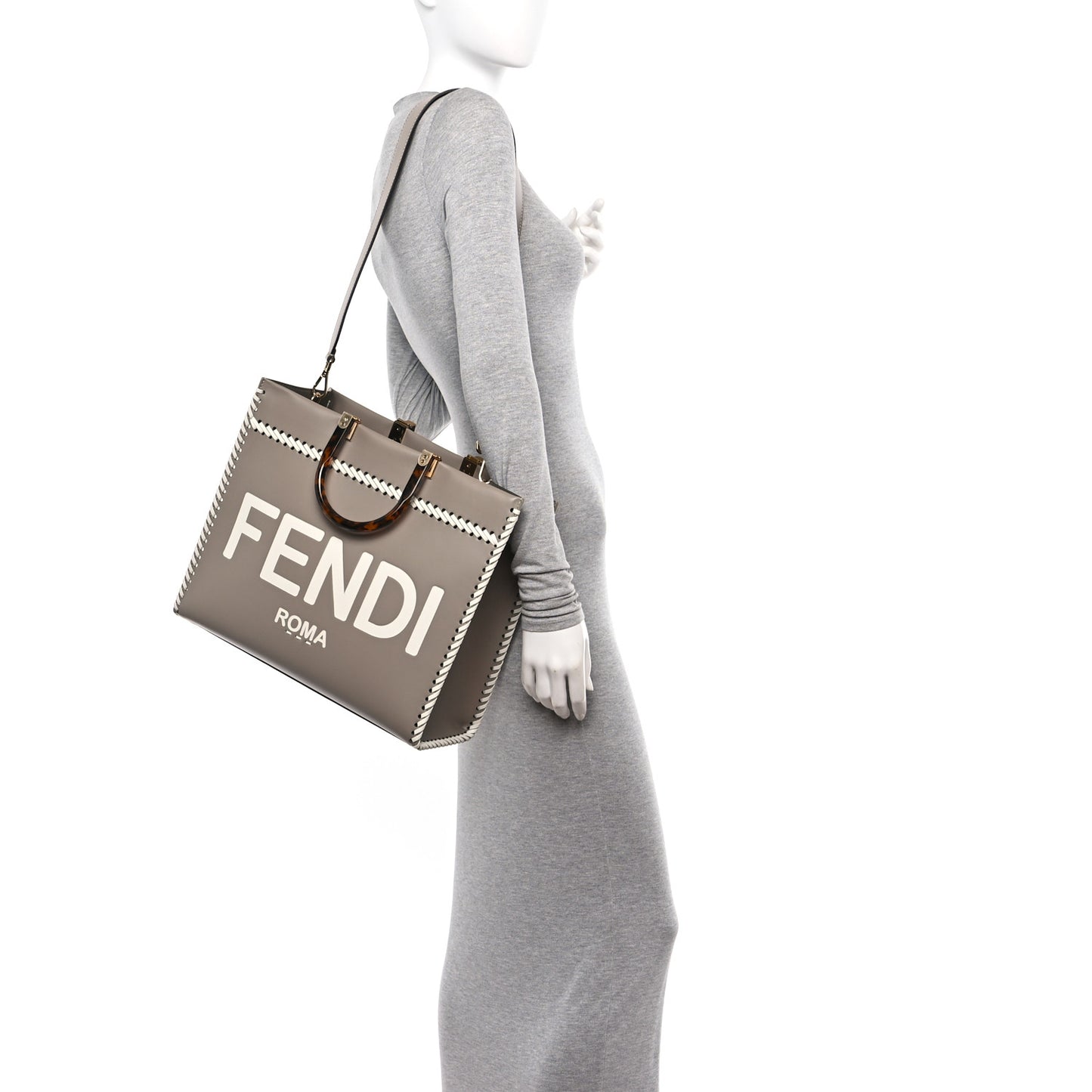Vitello King Ceylon Plexiglass Woven Logo Debossed Fendi Sunshine Shopper Tote Tortora White Rice