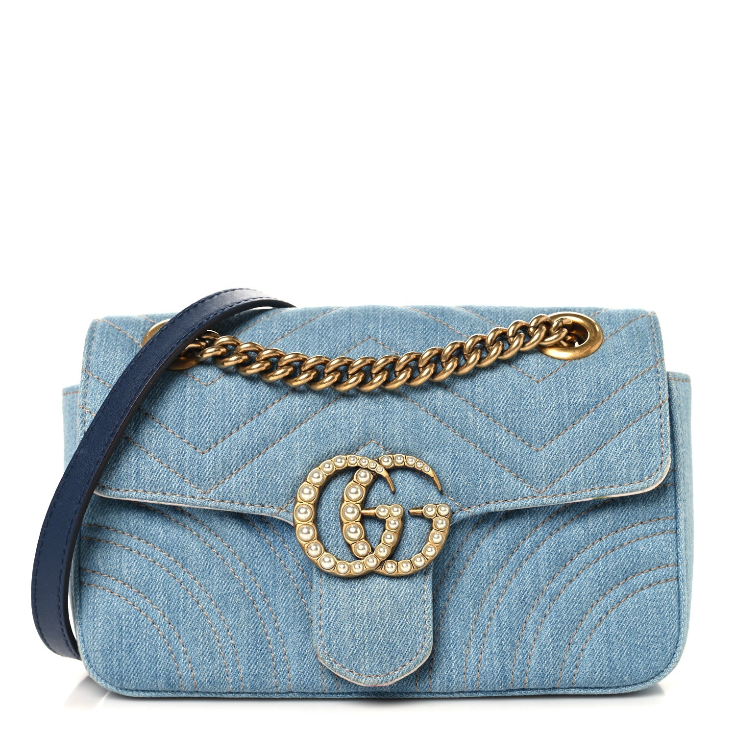 Gucci Denim Matelasse Mini Pearly GG Marmont Shoulder Bag Blue
