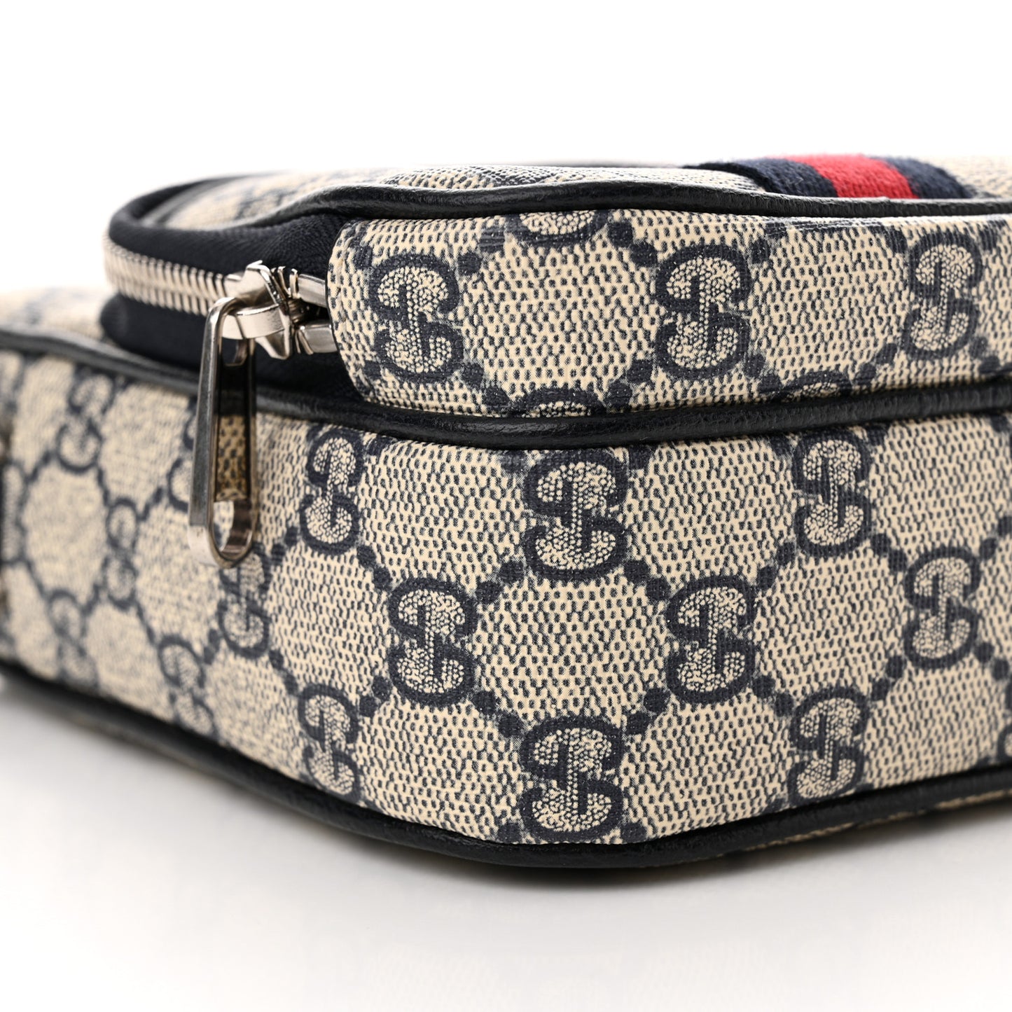 GG Supreme Monogram Textured Dollar Calfskin Web Mini Ophidia Double Zip Messenger Bag Beige Blue