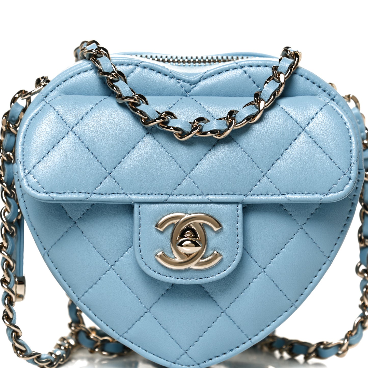 Lambskin Quilted CC In Love Heart Clutch With Chain Light Blue