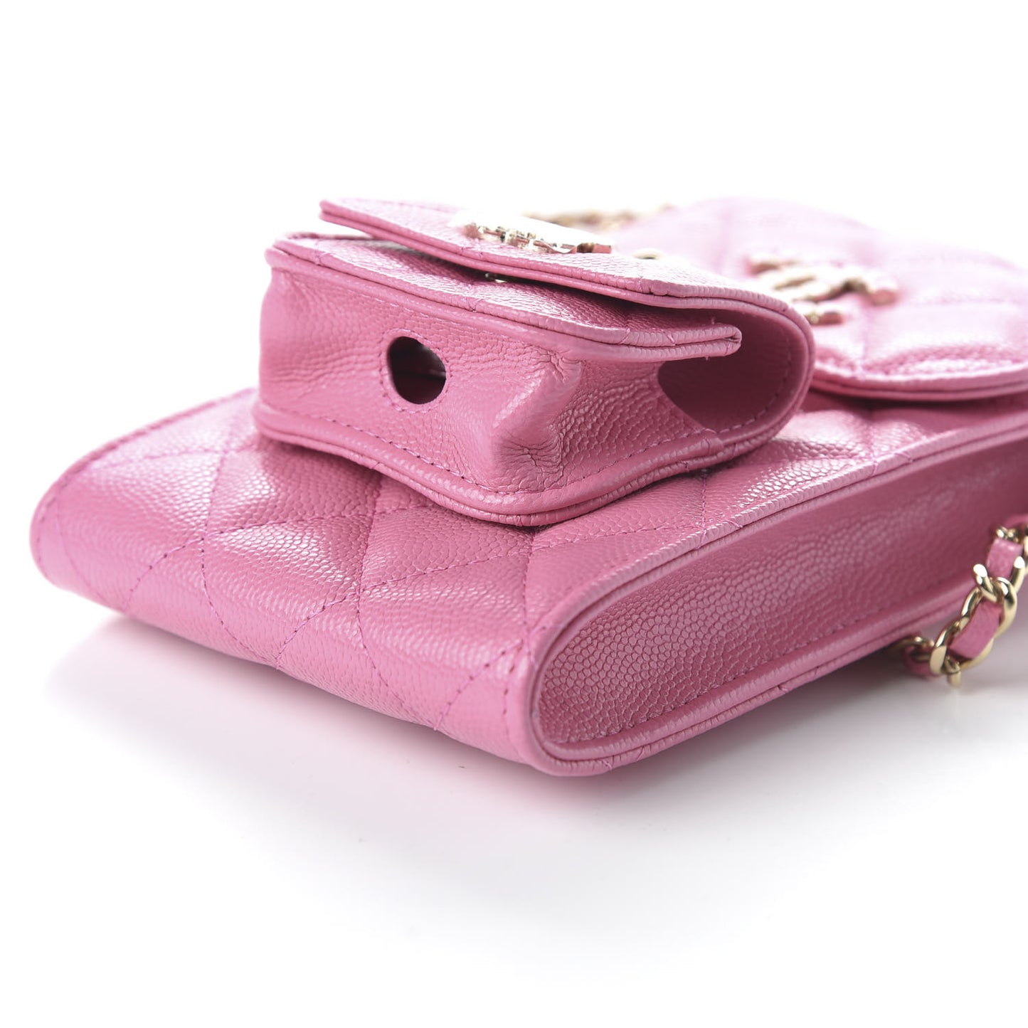 Caviar Quilted Crystal CC Airpods Pro and Phone Case With Chain Pink