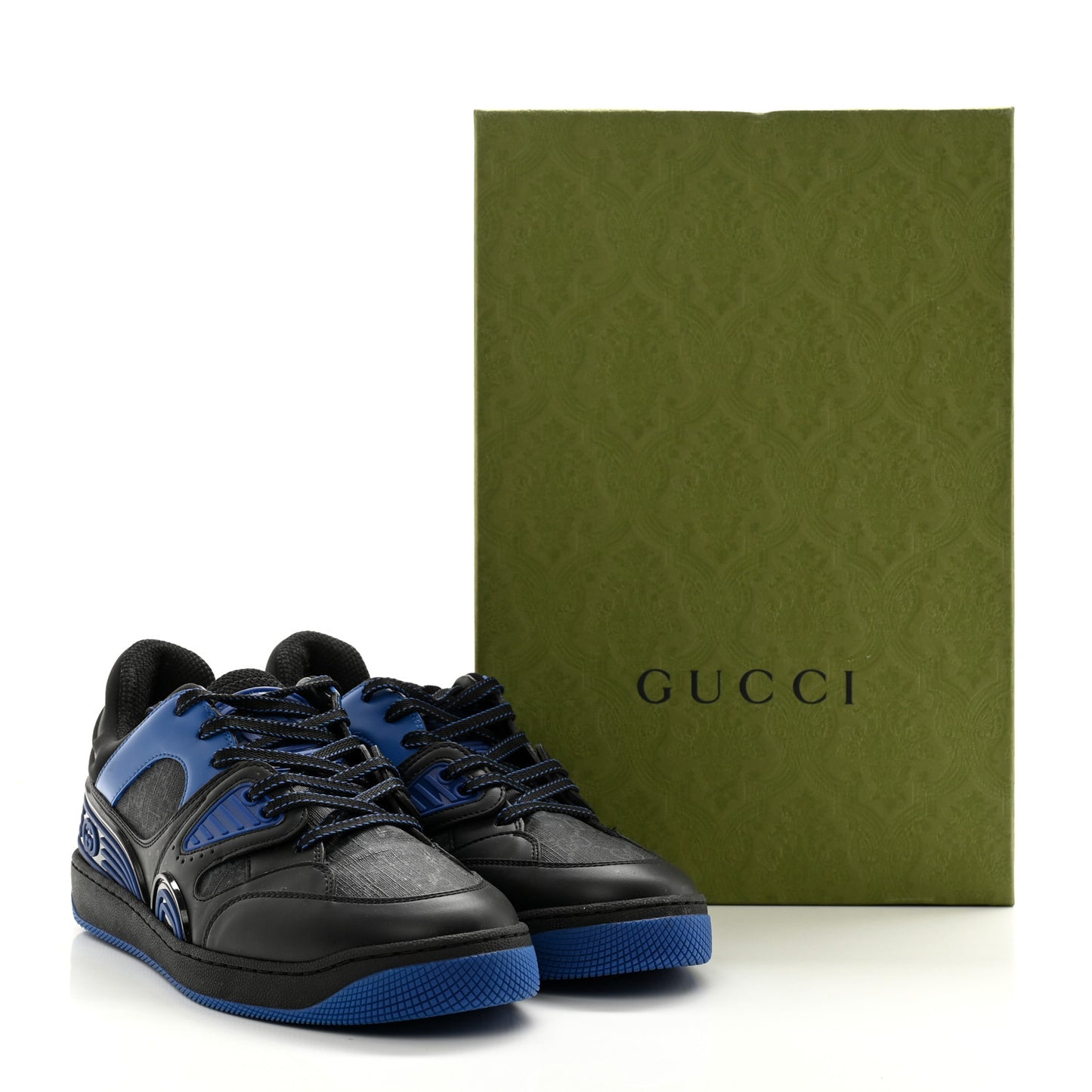 GG Supreme Monogram Demetra Mens Basket Low Top Sneakers 8 Blue Black