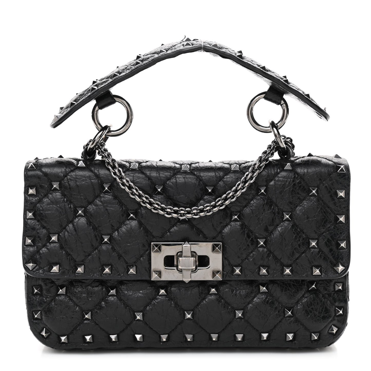 Craquele Nappa Small Rockstud Spike Shoulder Bag Black