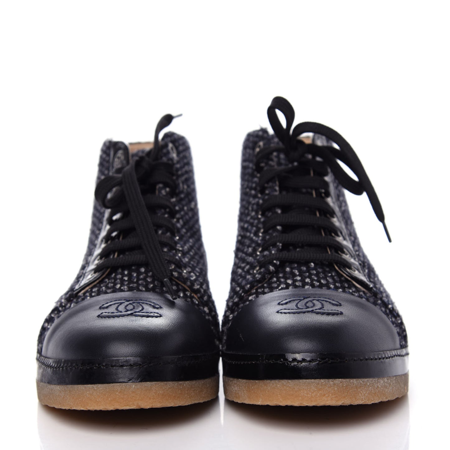 Tweed Calfskin Patent CC Lace Up Short Boots 38.5 Black Grey Dark Navy