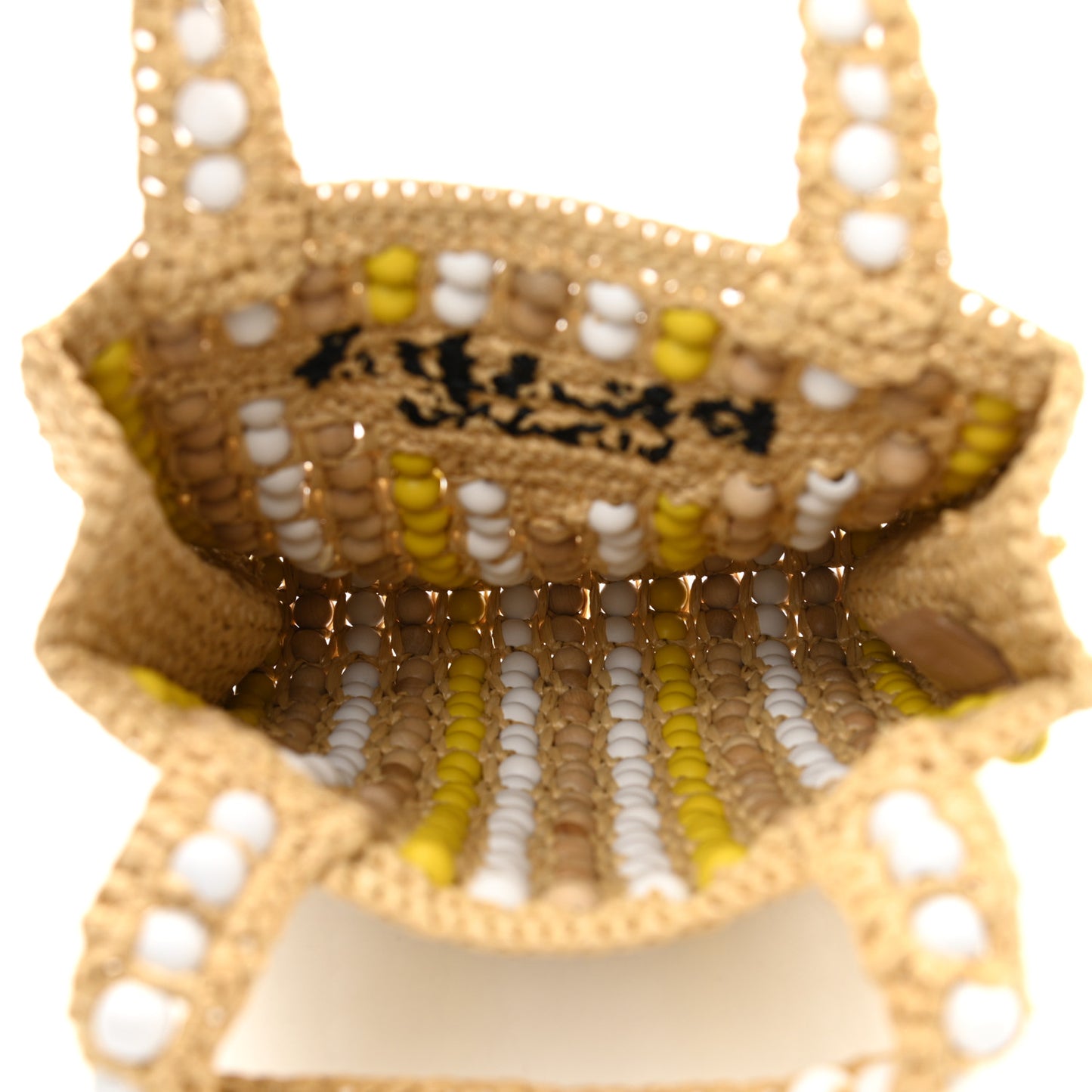 Raffia Wood Bead Embroidered Logo Tote Bag Naturale