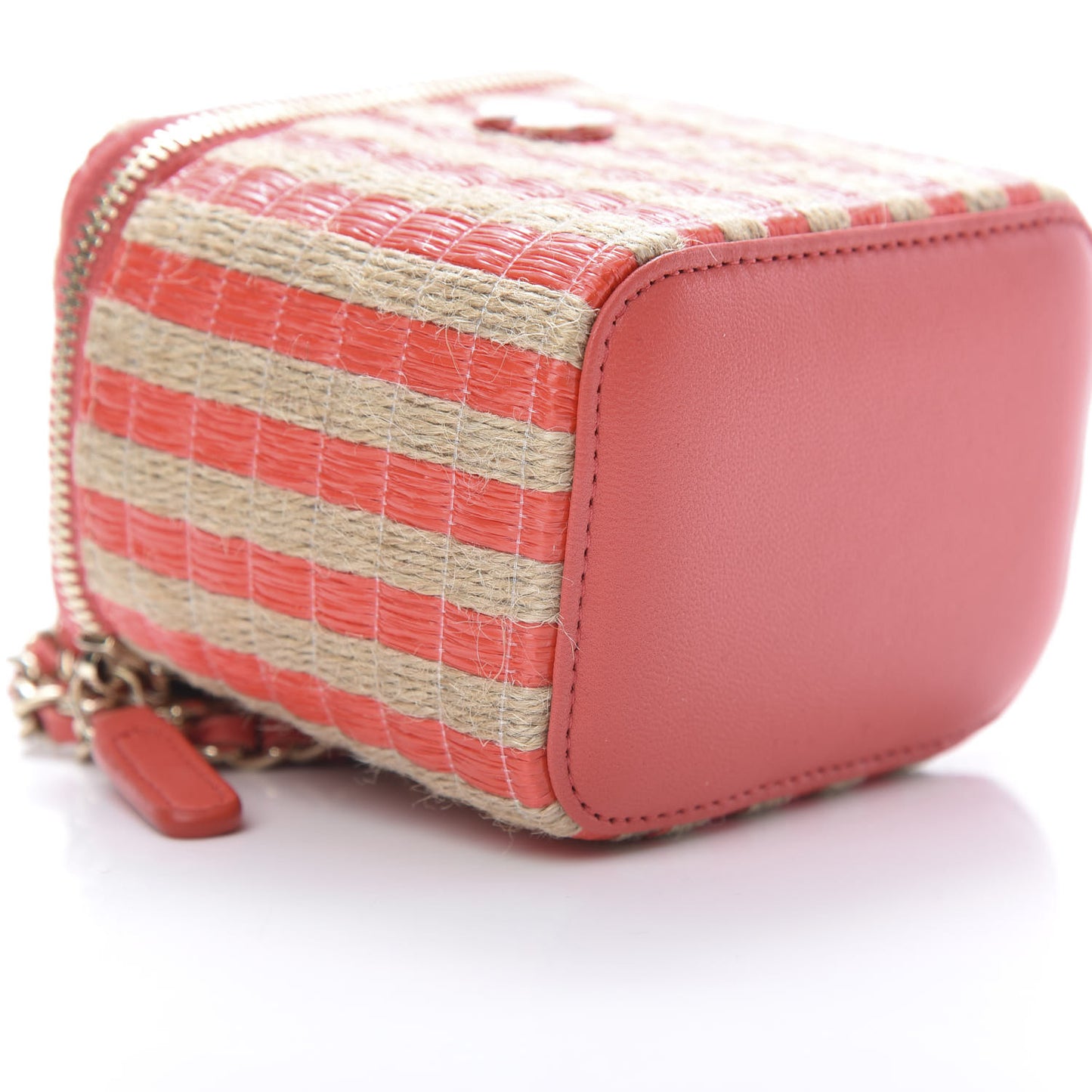 Raffia Jute Striped Mini Vanity Case With Chain Red Beige