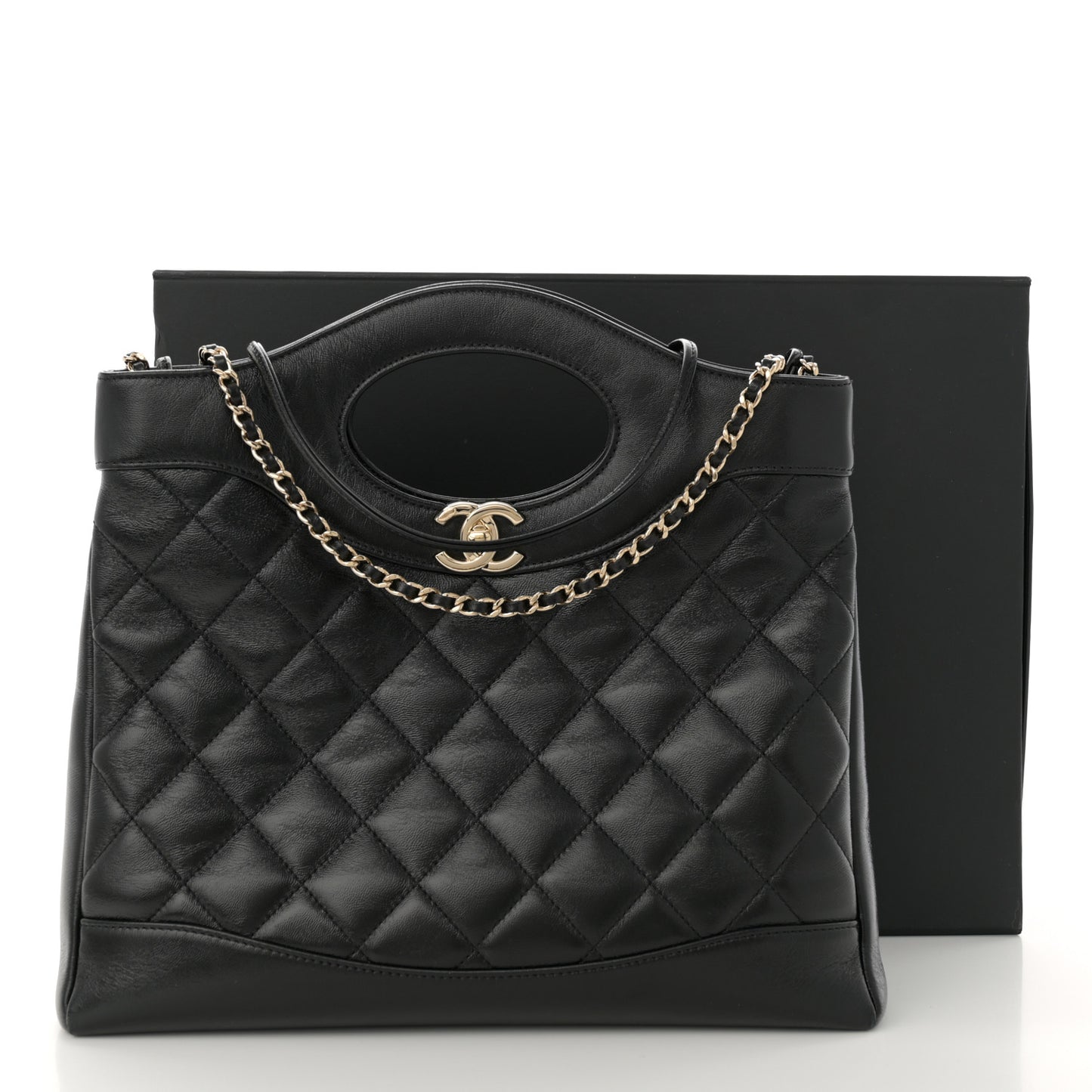 Shiny Crumpled Calfskin Quilted Small 31 Shopping Bag Black