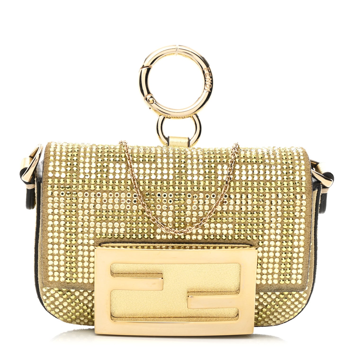 Fendi Crystal Vitello Laminato FF Nano Maxi Buckle Baguette Charm