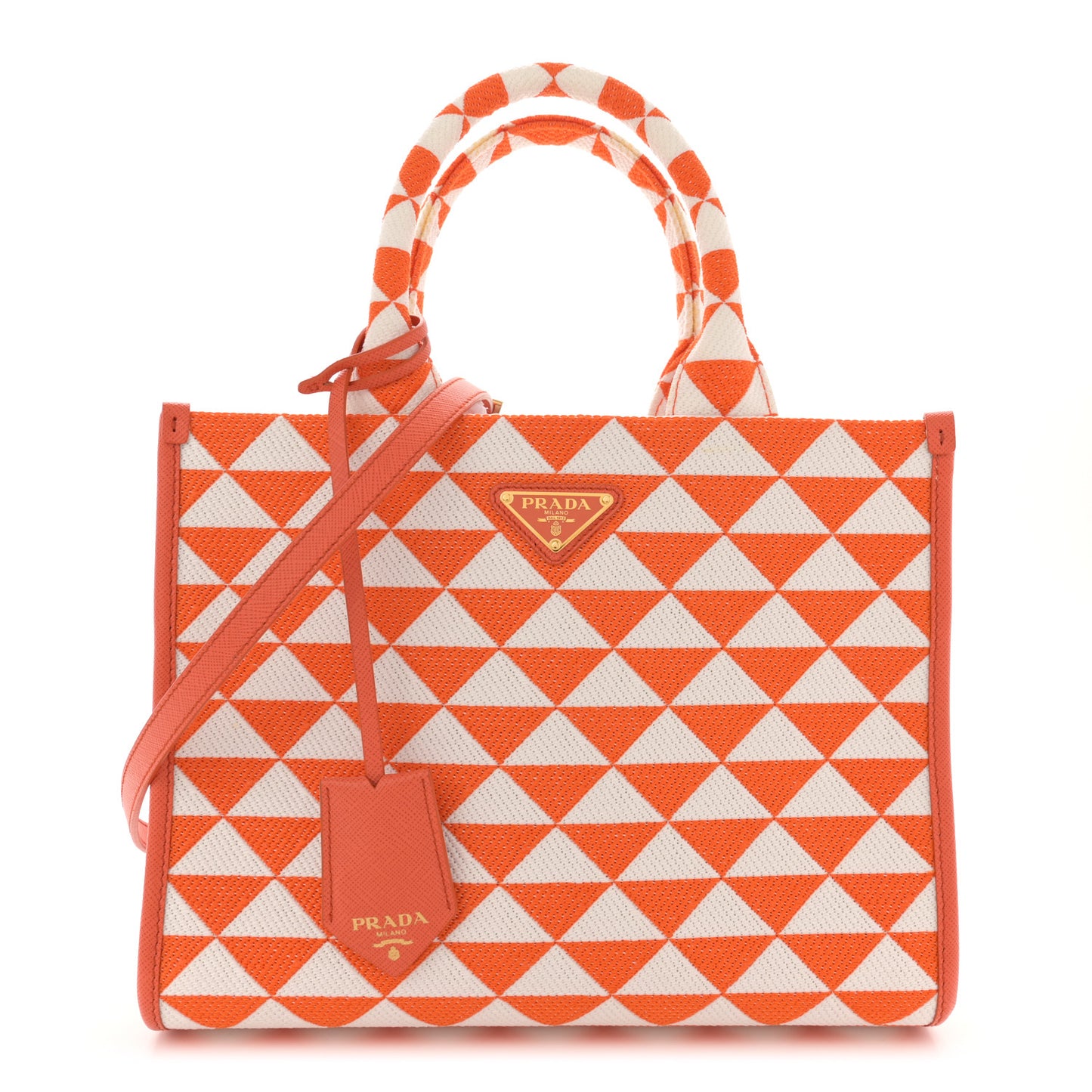 Jacquard Saffiano Triangolo Symbole Embroidered Small Tote Arancio White