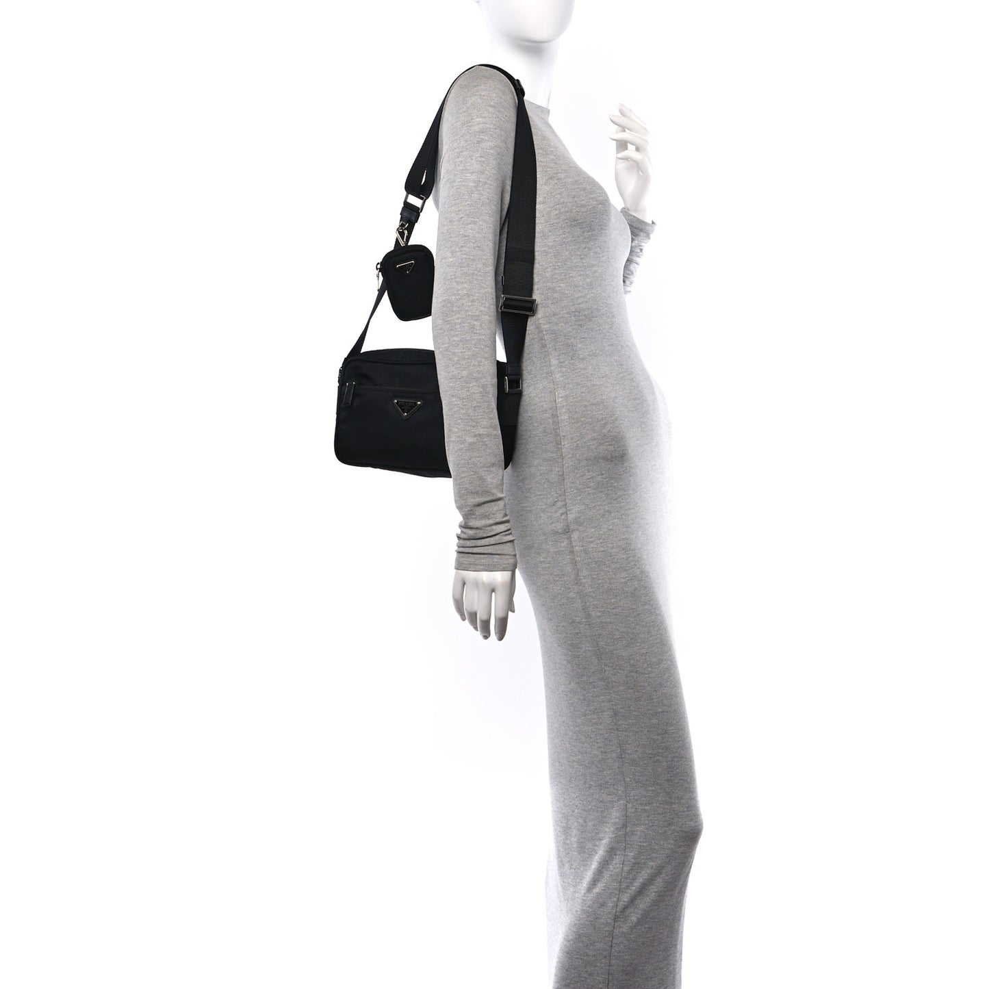 Re-Nylon Vela Saffiano Pocket Double Zip Shoulder Bag Black