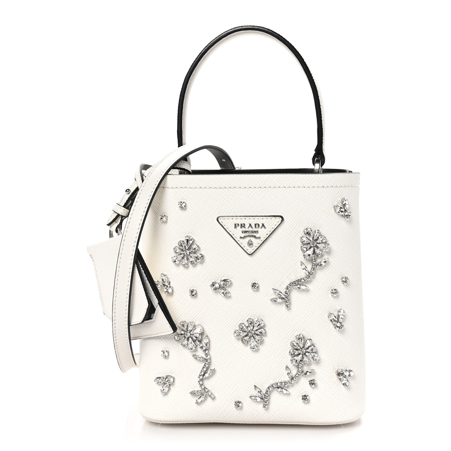 Prada Saffiano Cuir Crystal Small Panier Bucket Bag White Black