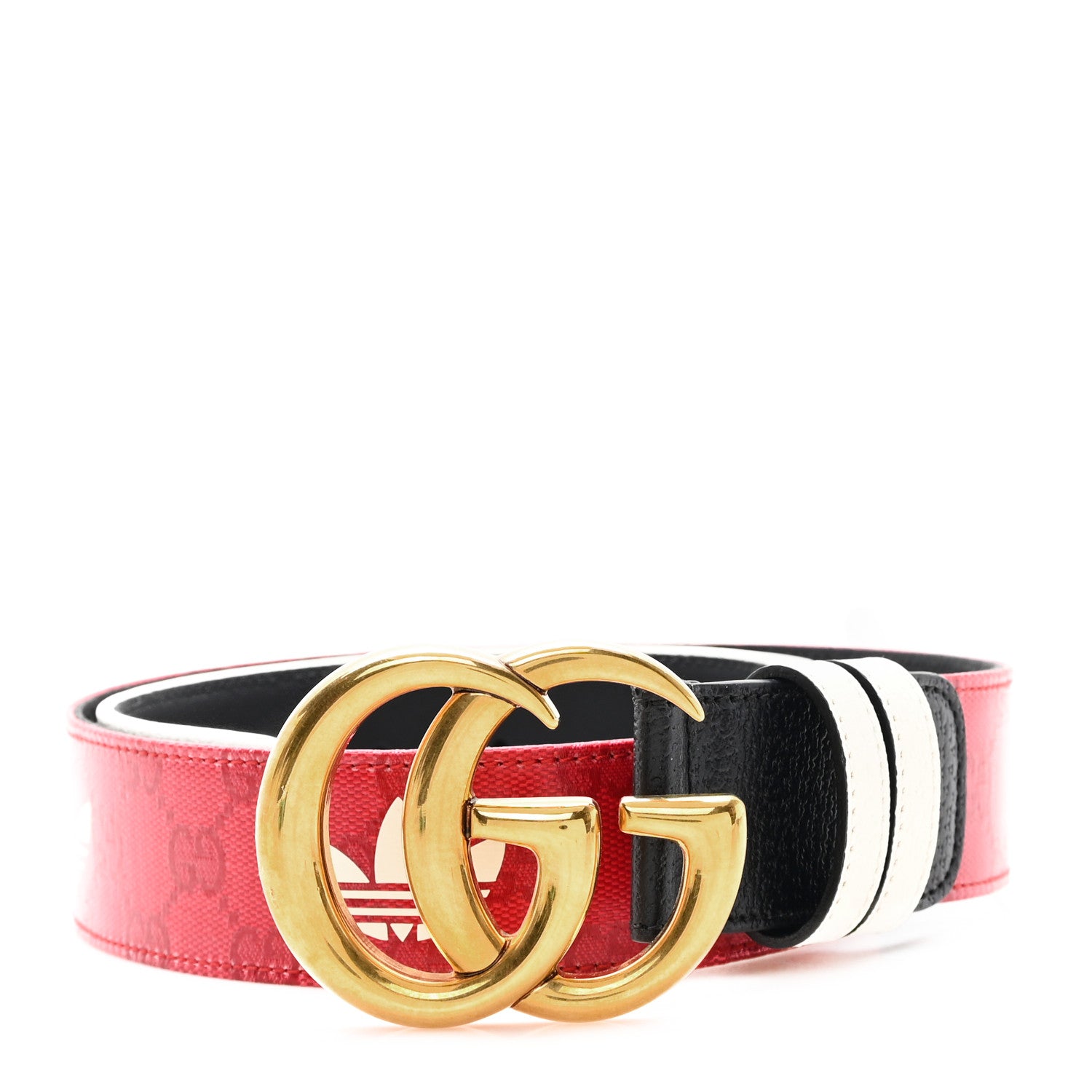 Gucci X ADIDAS Crystal Vintage Monogram Textured Dollar Calfskin Double G 40mm Belt 80 32 Hibiscus Red Off White Black 1 of 5