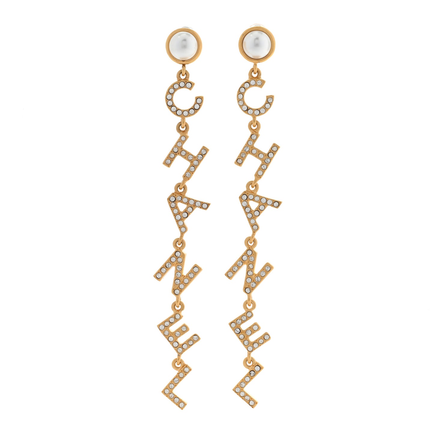 Crystal Pearl Logo Drop Earrings Gold