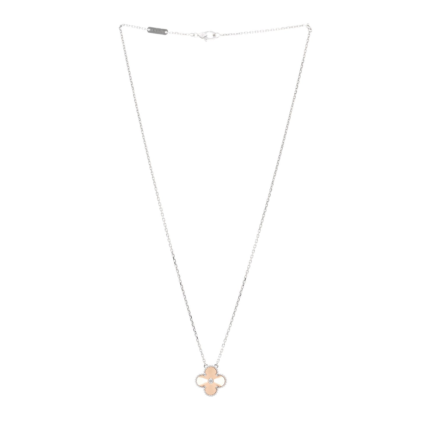 18K White Rose Gold Diamond Guilloche Vintage Alhambra Pendant Necklace