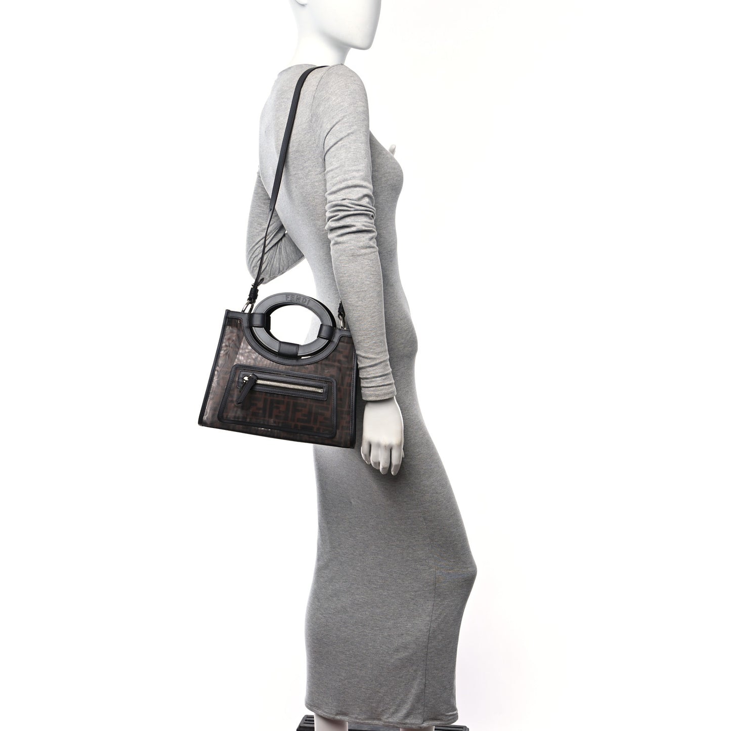 Mesh Vitello Century Cuoio FF 1974 Small Runaway Shopper Tote Marrone Black Ebano