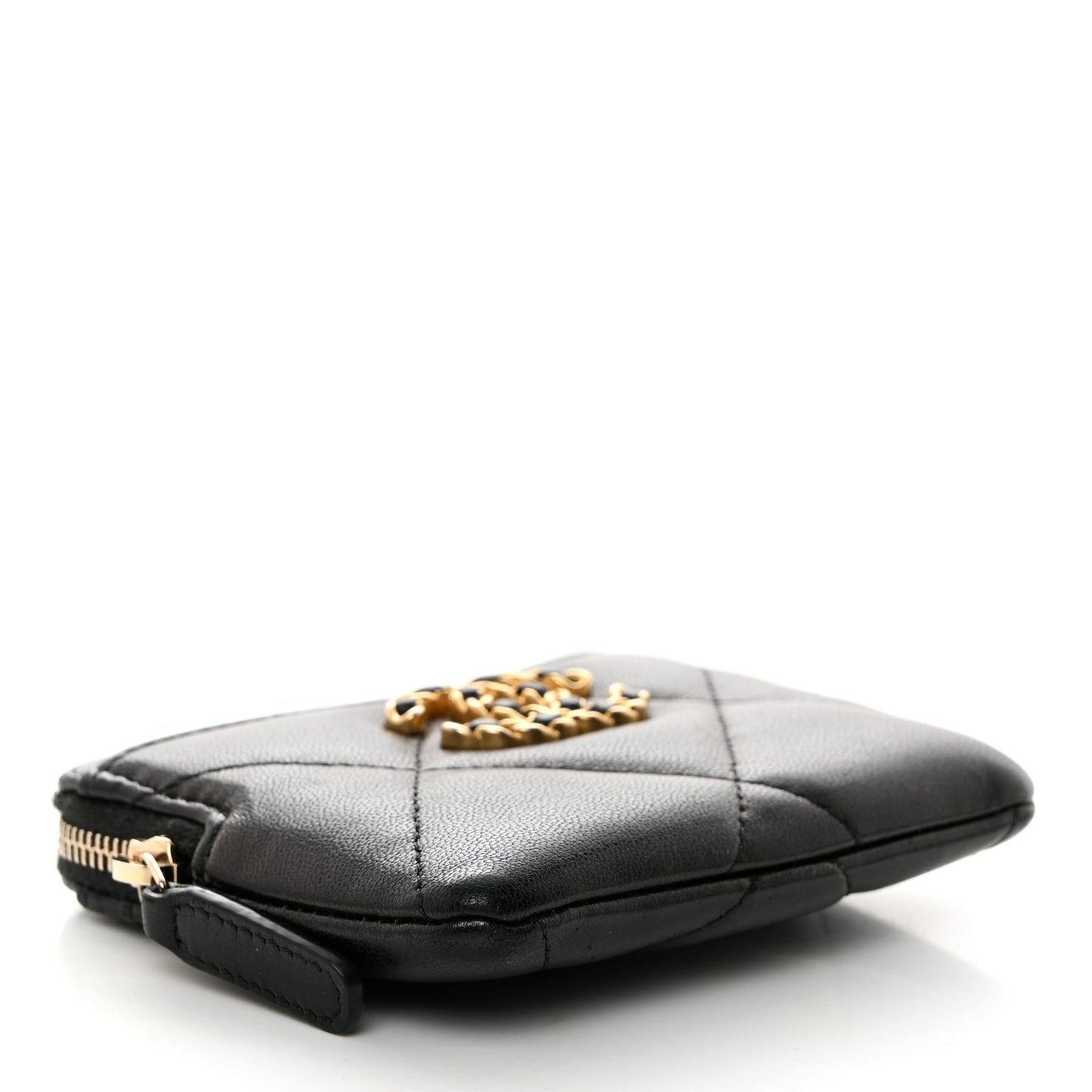 Lambskin Quilted Chanel 19 Zip Card Holder Wallet Black