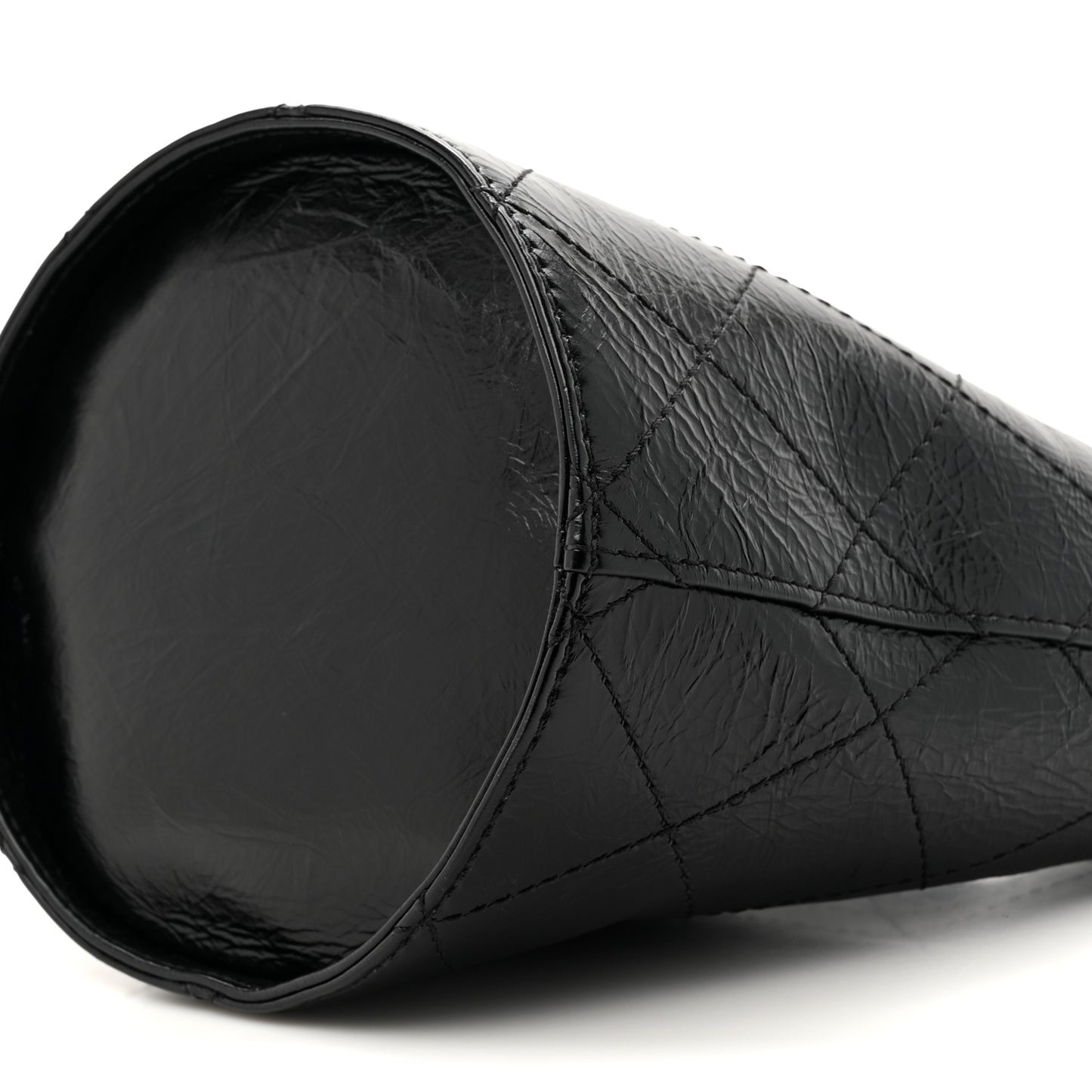 Crumpled Calfskin Quilted Chain Drawstring Bucket Bag Black